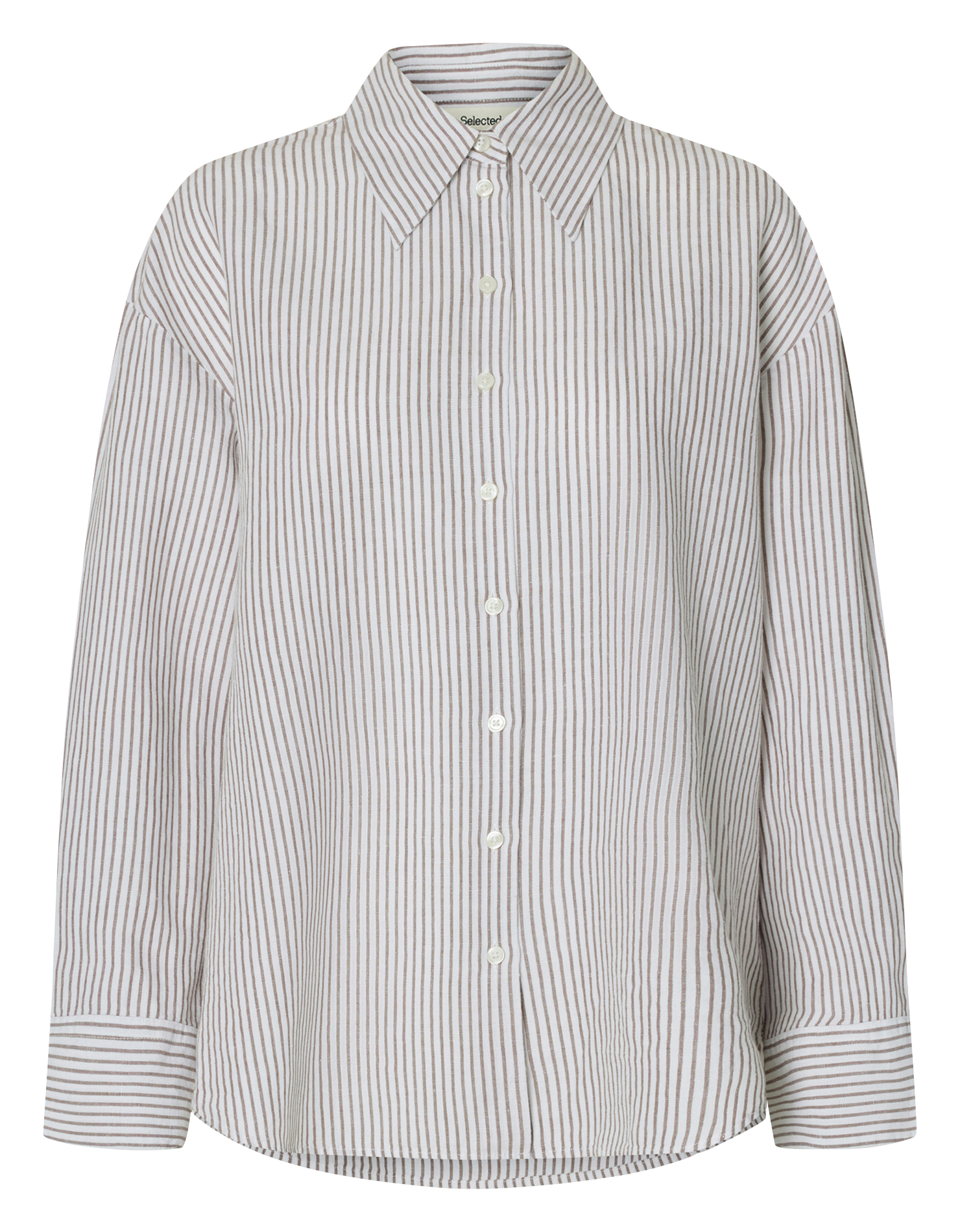 Oversized shirt with classic collar in striped blended linen SELECTED White