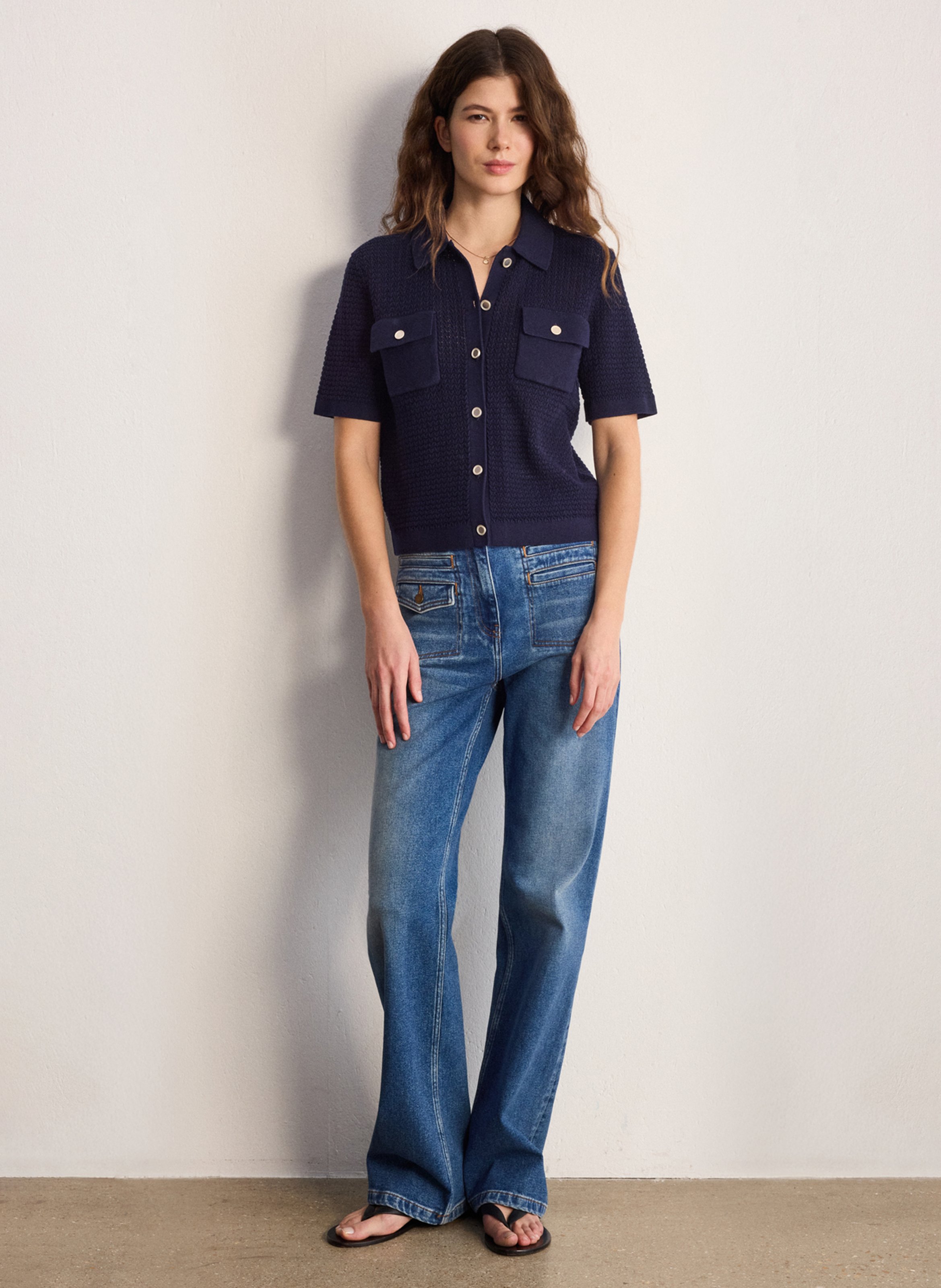 Gilet droit col classique en lin et coton mélangé PABLO Bleu