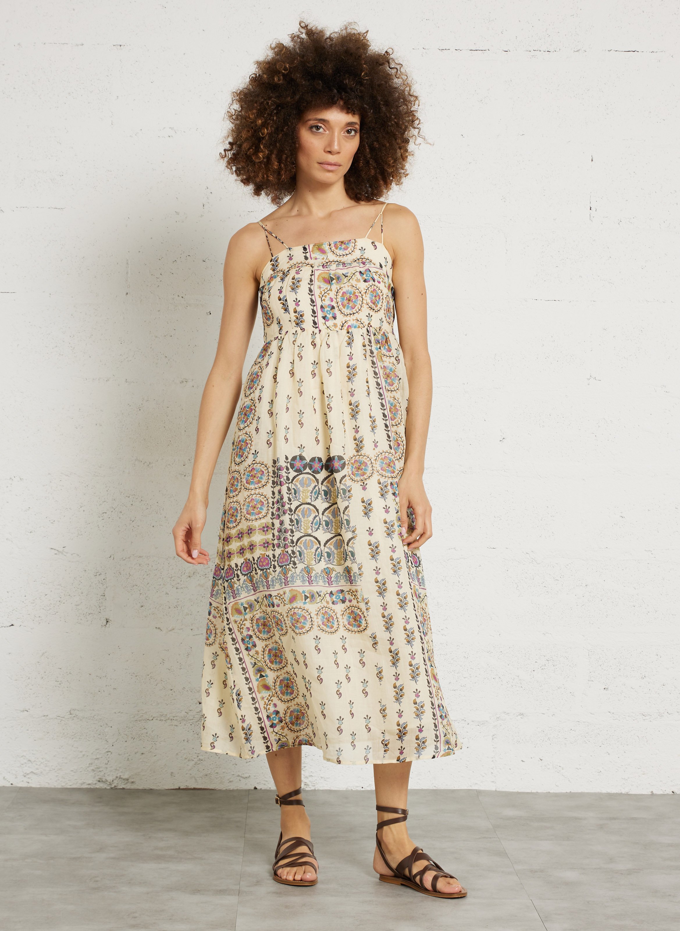 Jurk met wijde pasvorm, bedrukt, met spaghettibandjes van linnen SEE U SOON Wit