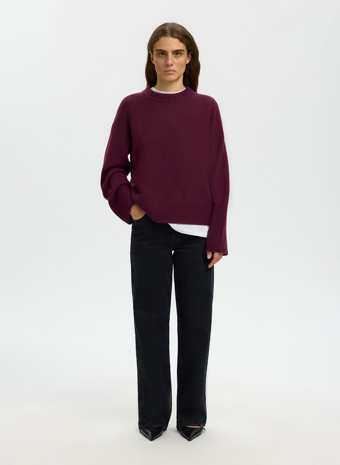 Gerader Rollkragenpullover aus Wolle und Kaschmir SELECTED Pflaume