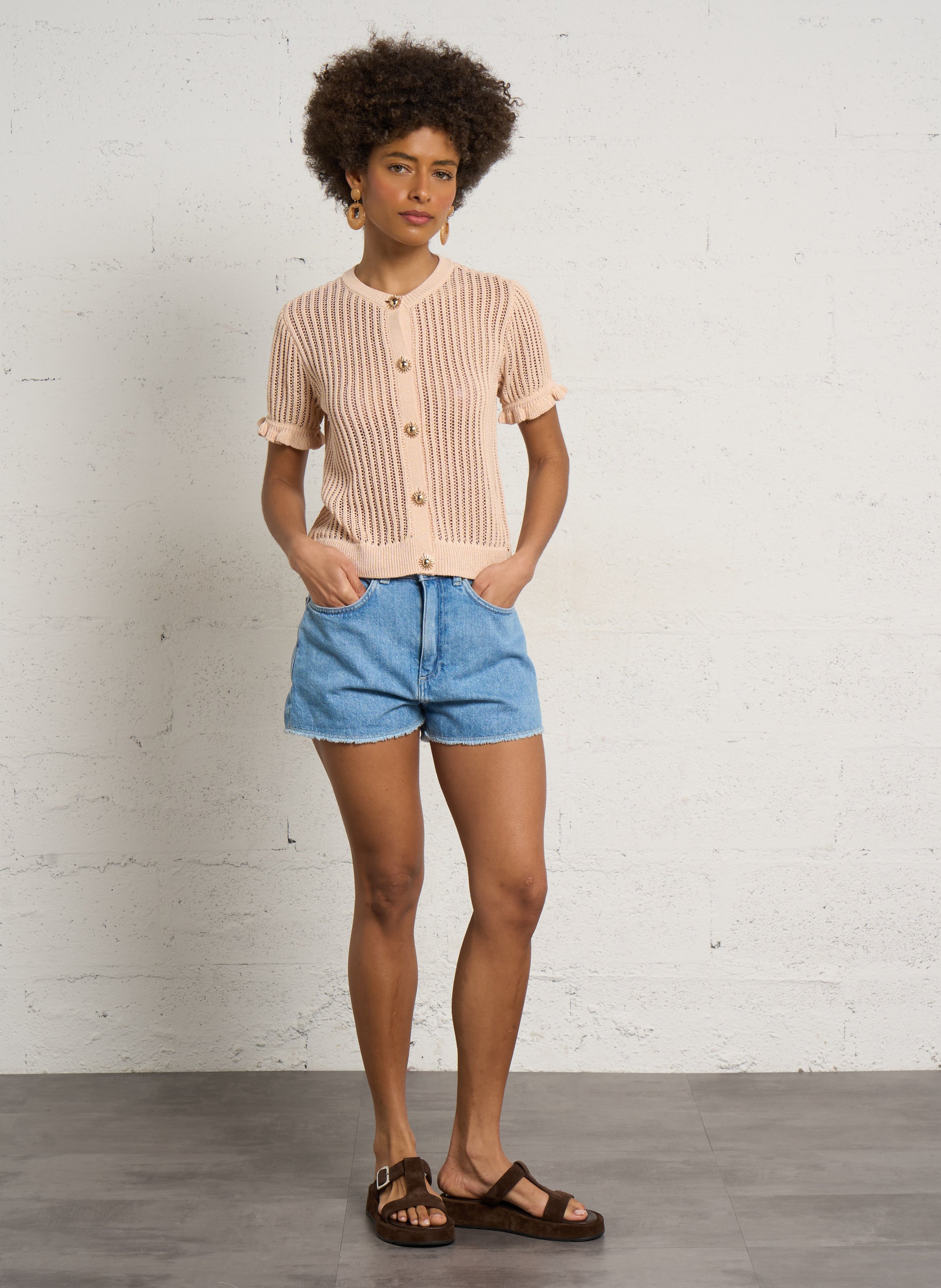 Gerade geschnittene Strickjacke mit Rundhalsausschnitt aus Baumwollmix DES PETITS HAUTS Orange