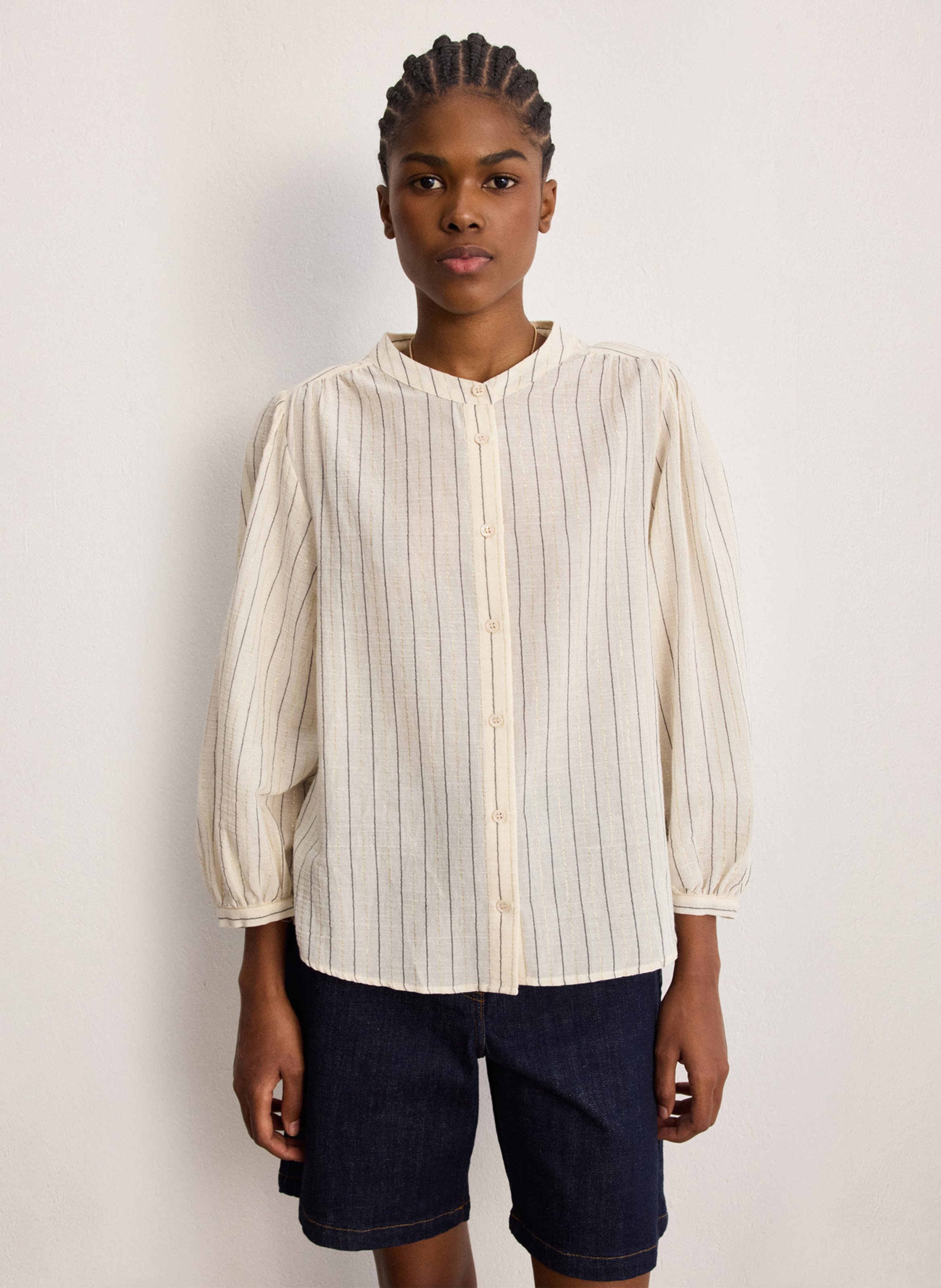 Cotton-blend straight-cut shirt with mandarin collar PABLO Beige
