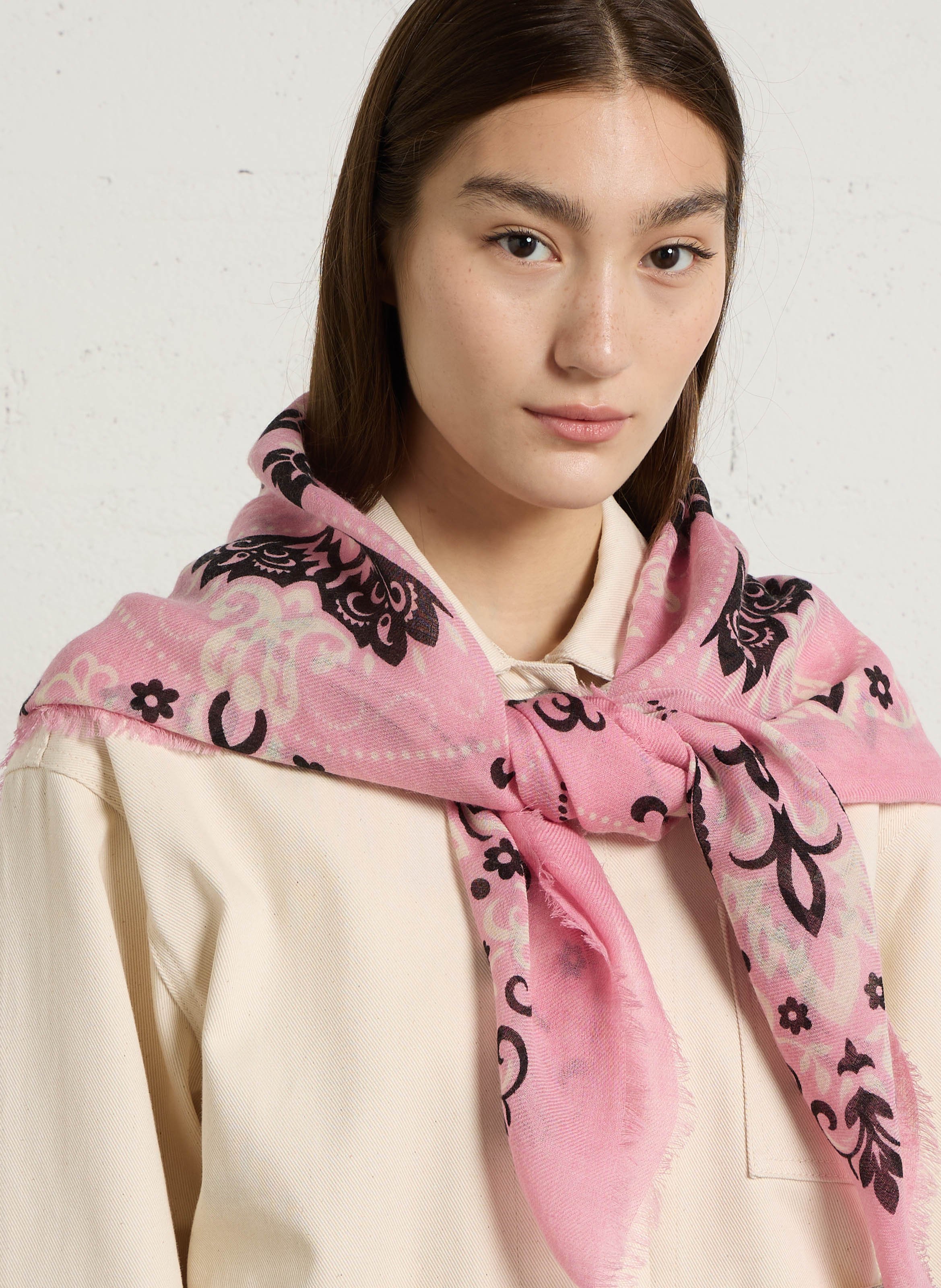 Haddock wool and silk printed scarf MAISON LECOMTE FLAMENT Pink
