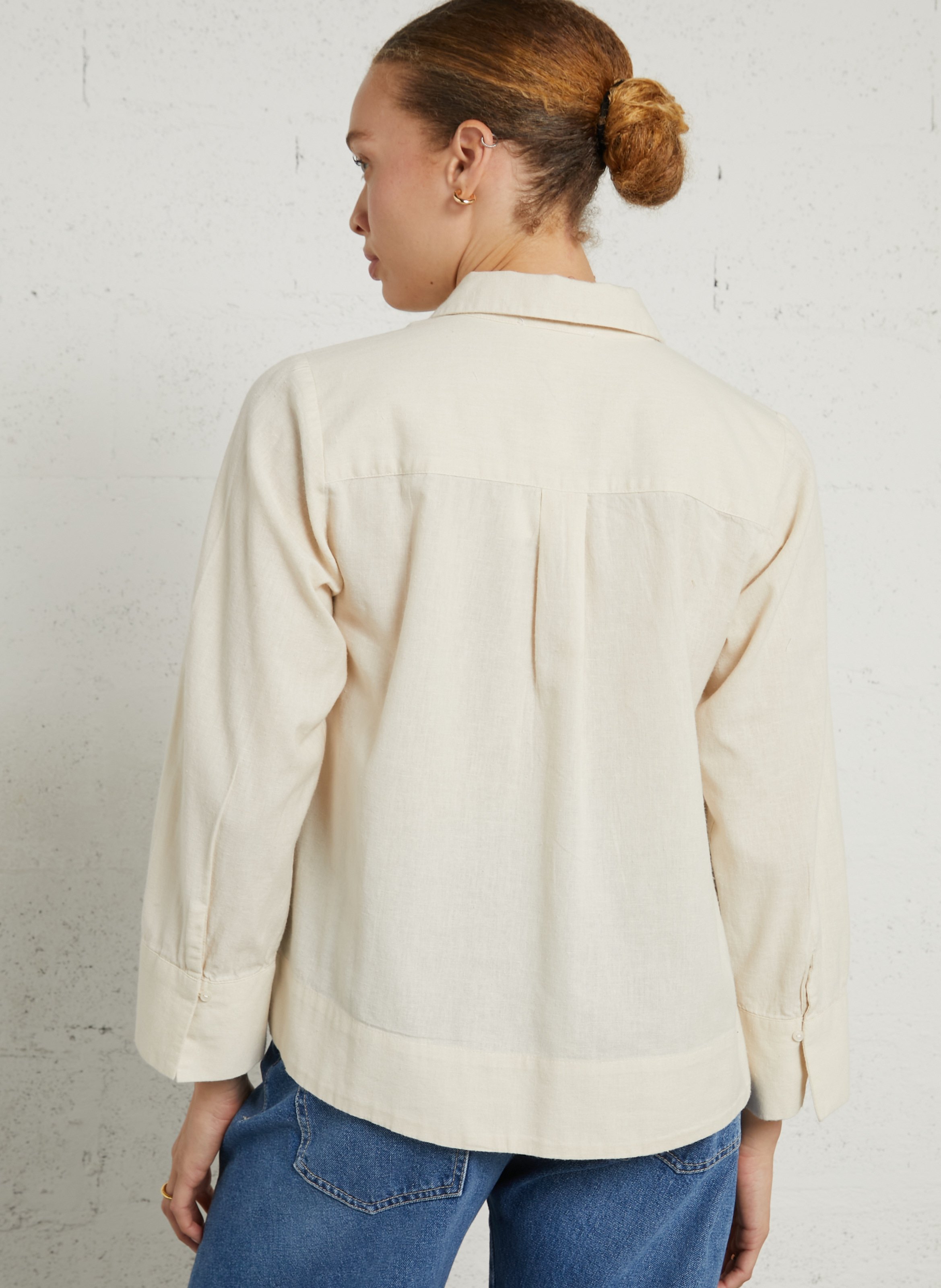 Blouse oversize col tunisien en coton et lin mélangé brodé SUD EXPRESS Beige