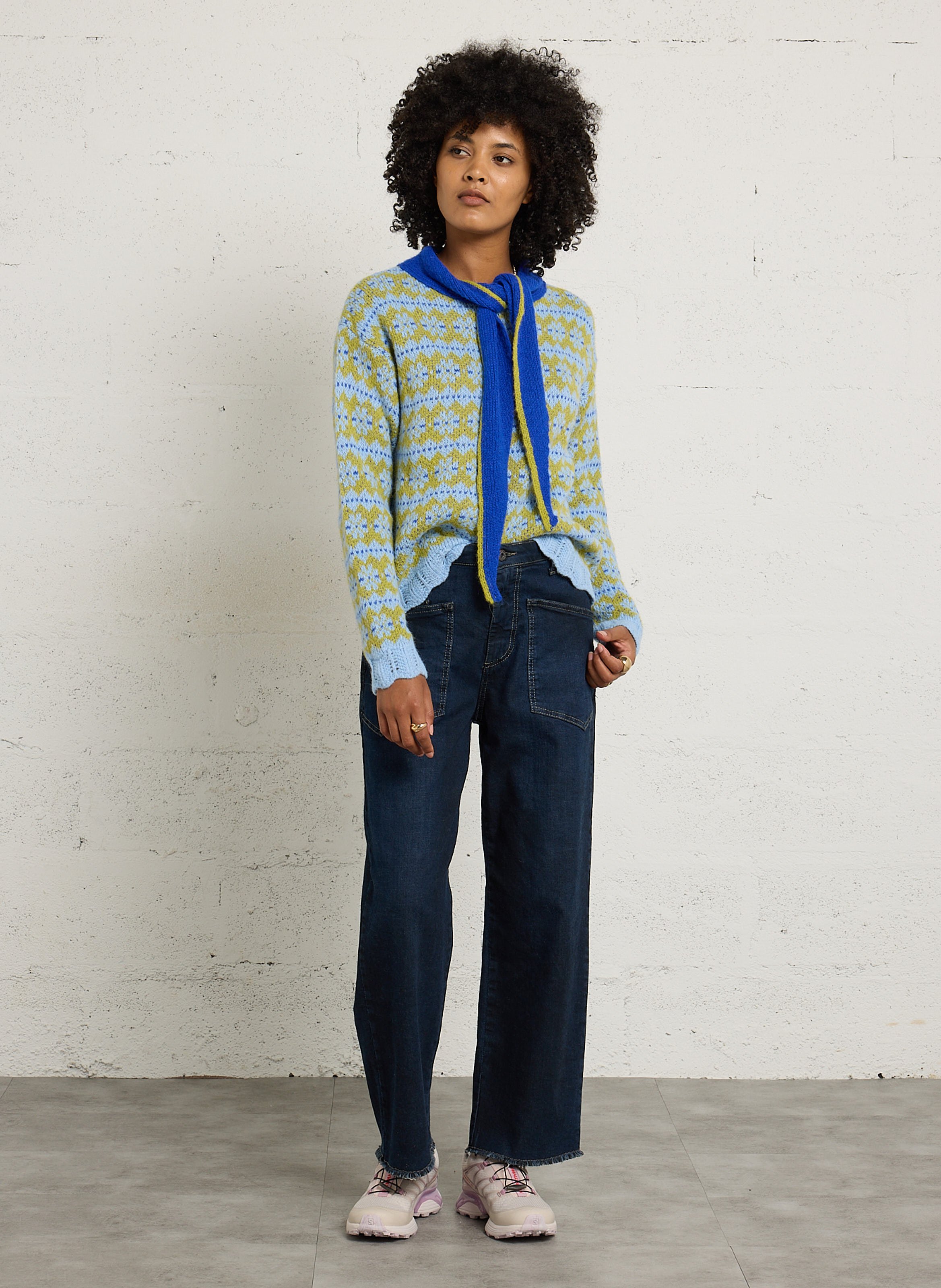 Pull droit col lavallière en maille imprimée DR BLOOM Bleu