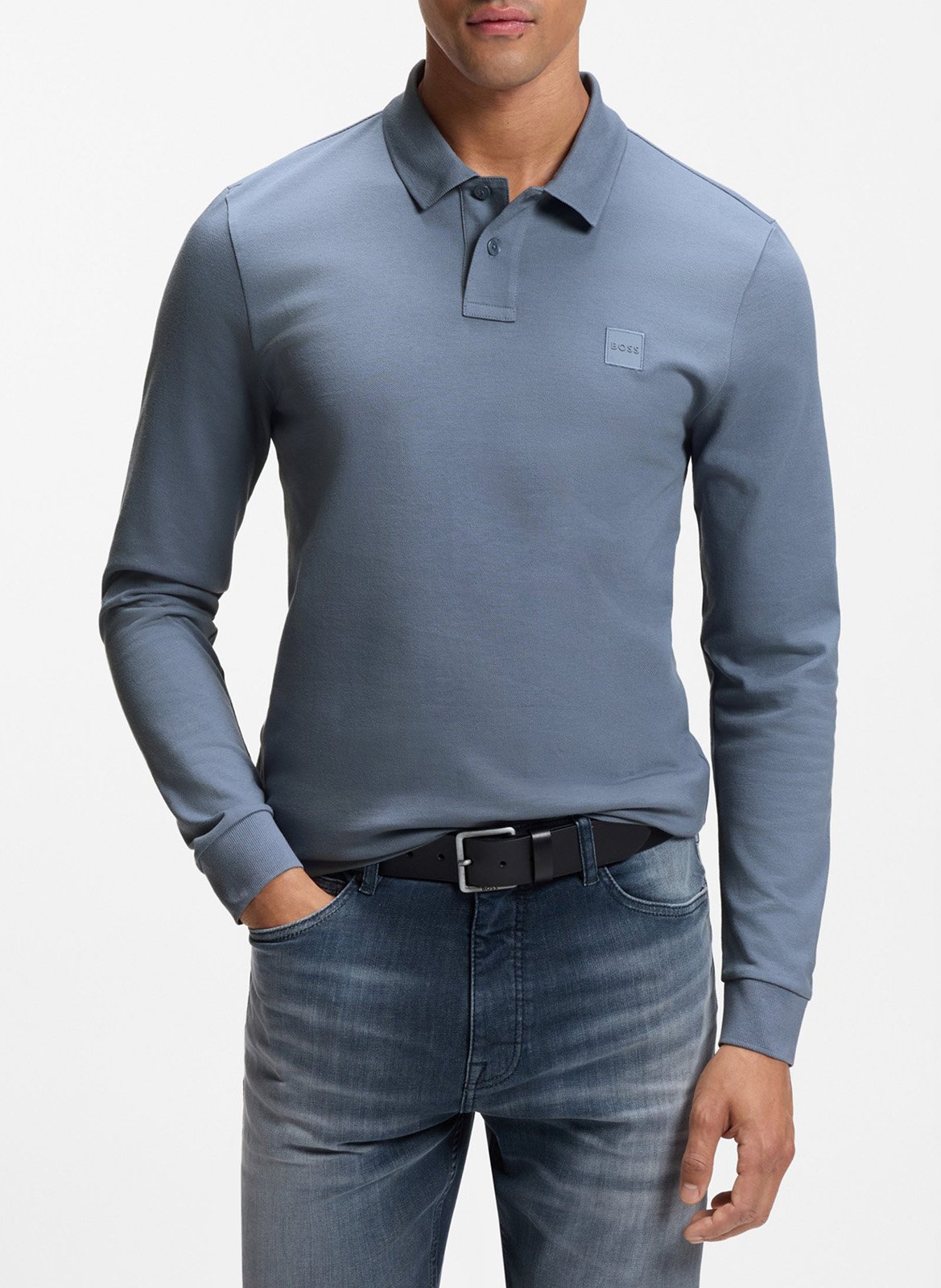 Polo à manches longues regular-fit en coton mélangé BOSS Bleu