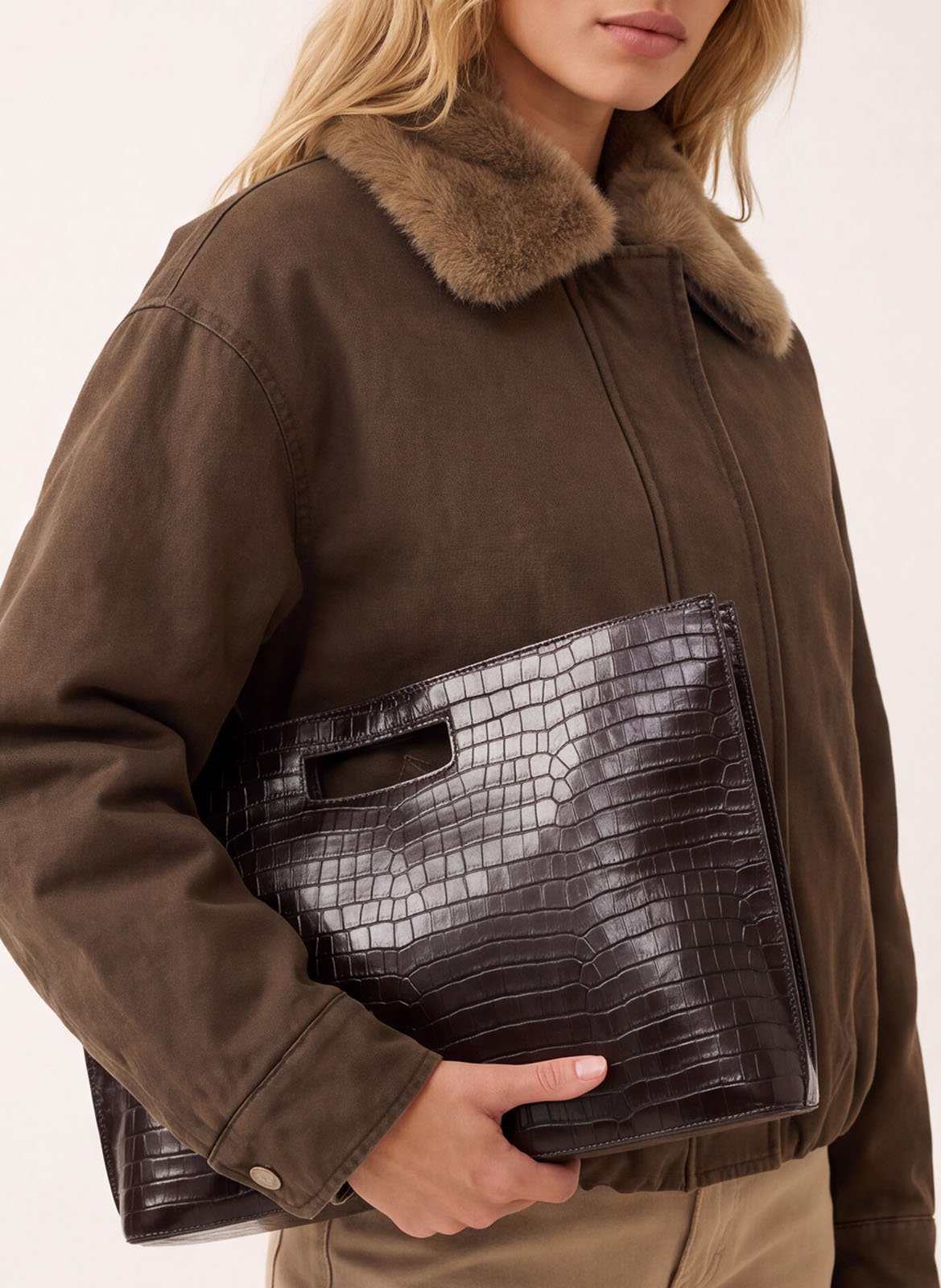 Straight-cut cotton jacket with a faux fur-effect collar KOOKAI Brown