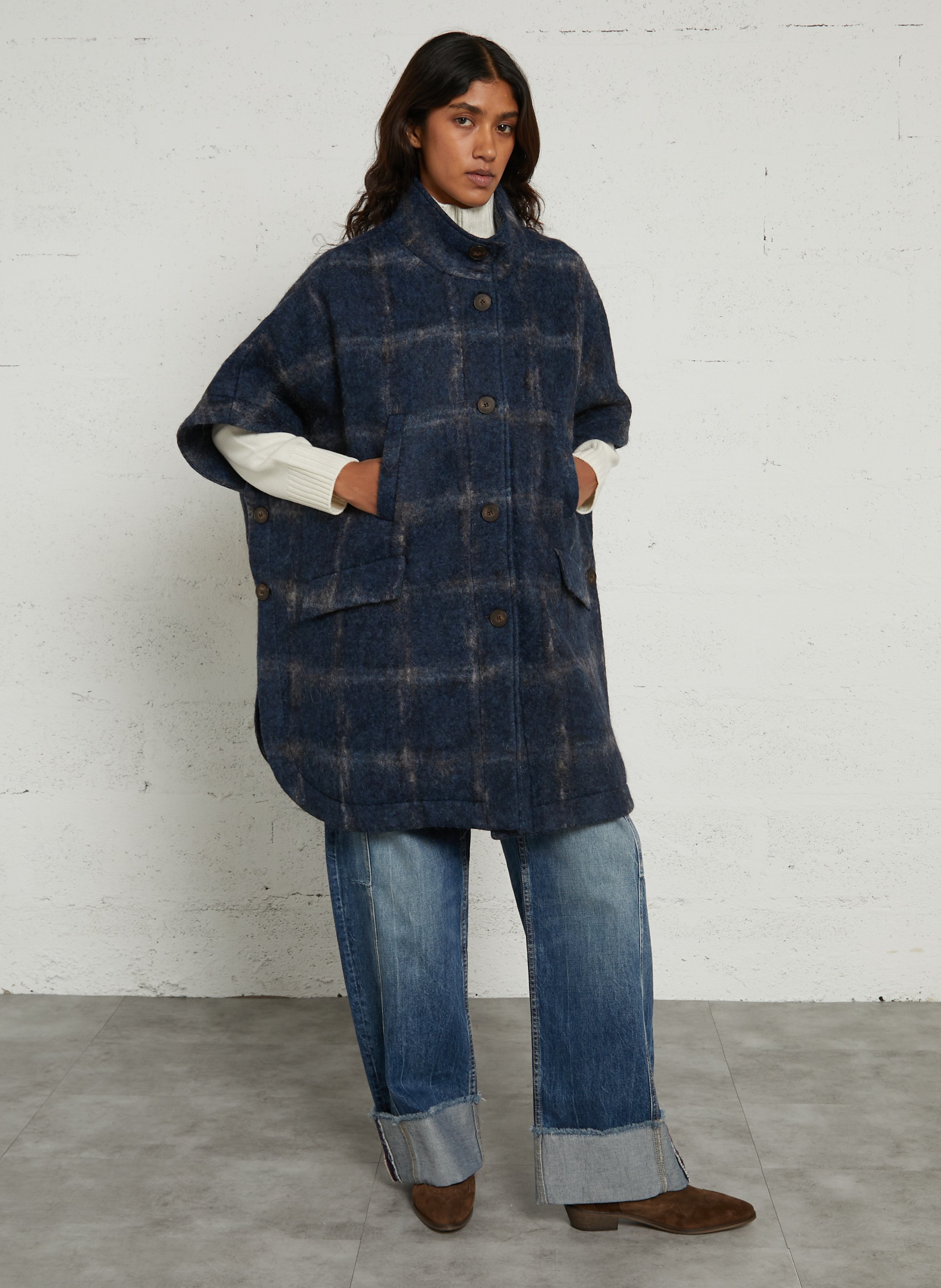Oversized high-neck checked cape | Blue MAISON 123 Women