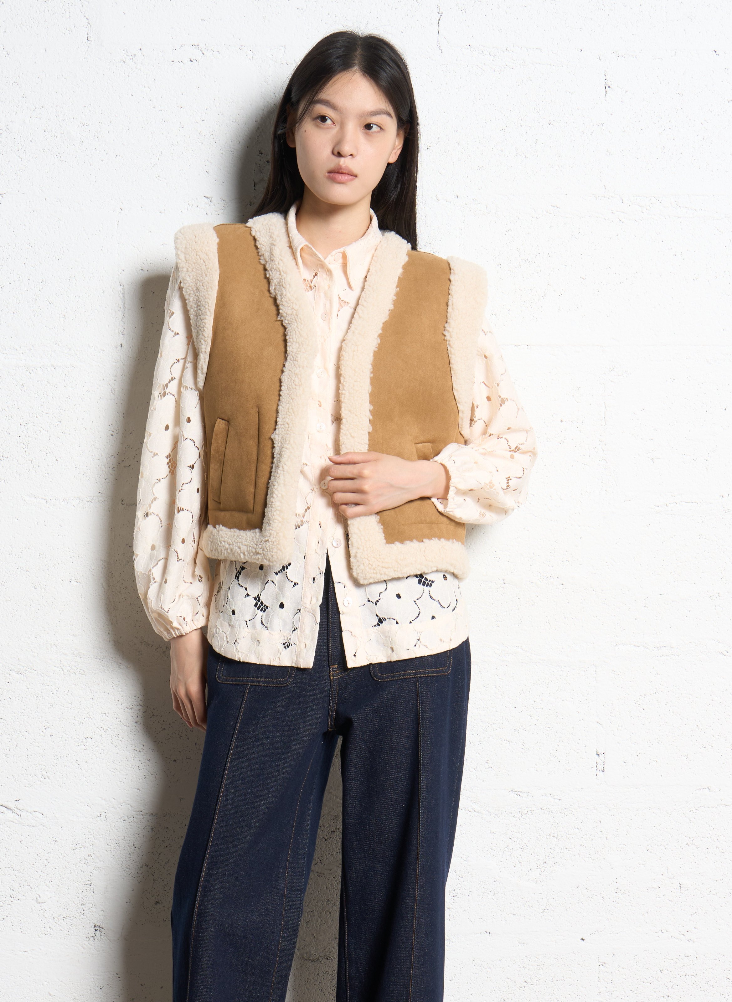 Veste droite en fibres recyclées mélangées SUNCOO Beige