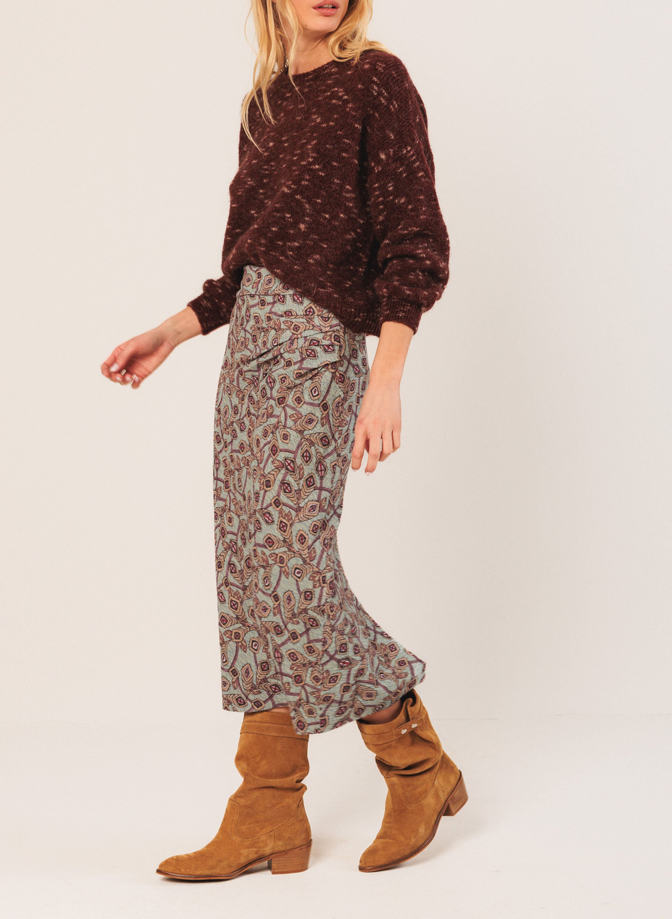 Ruched Midi Skirt with Patterns INDI & COLD Blue