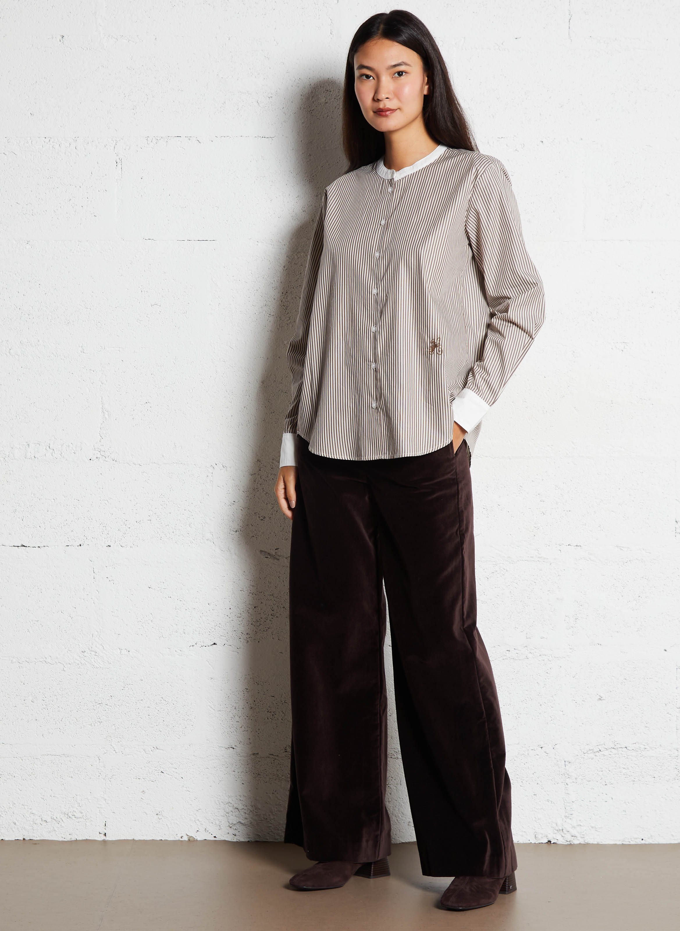 Loose-fit striped cotton shirt with round neck HOD PARIS Brown