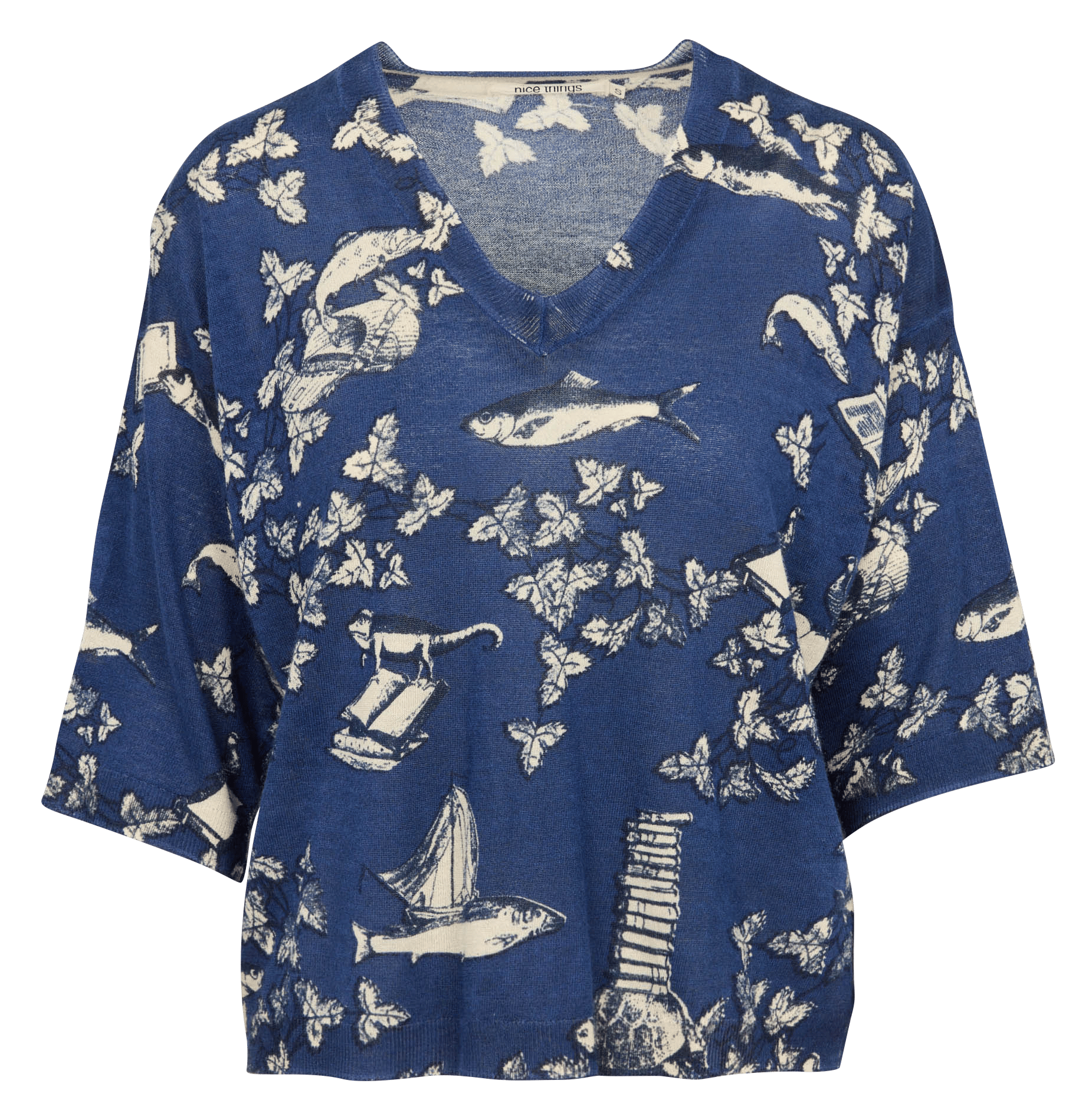 Pull droit col V en maille imprimée NICE THINGS Bleu