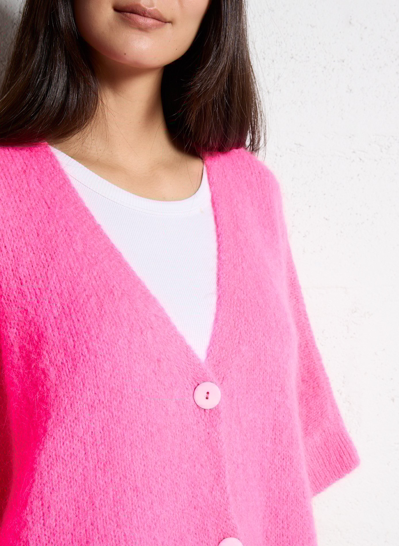 Gilet à col V ample en maille mélangée PLEASE Rose