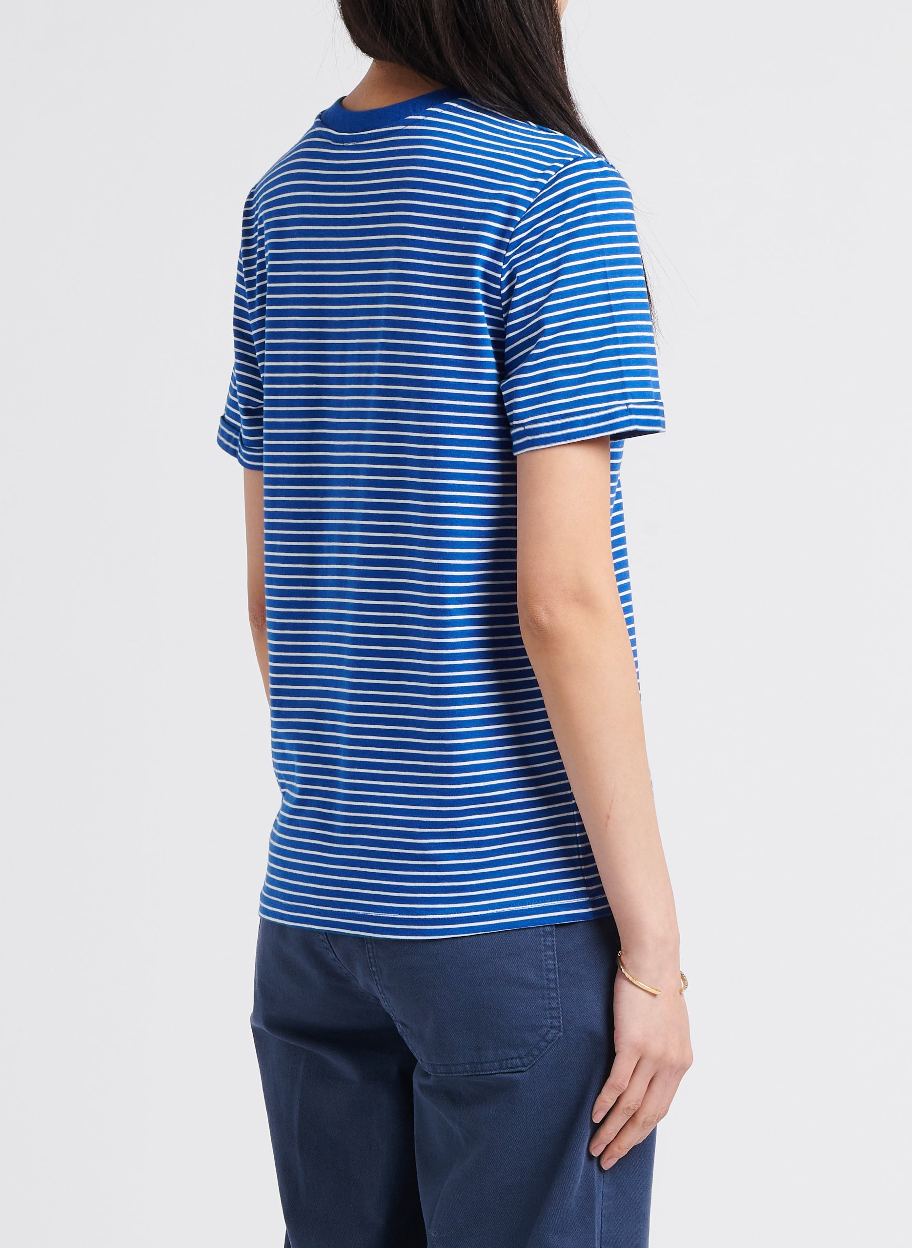 Gestreiftes Baumwoll-T-Shirt mit Siebdruck PIECES Blau