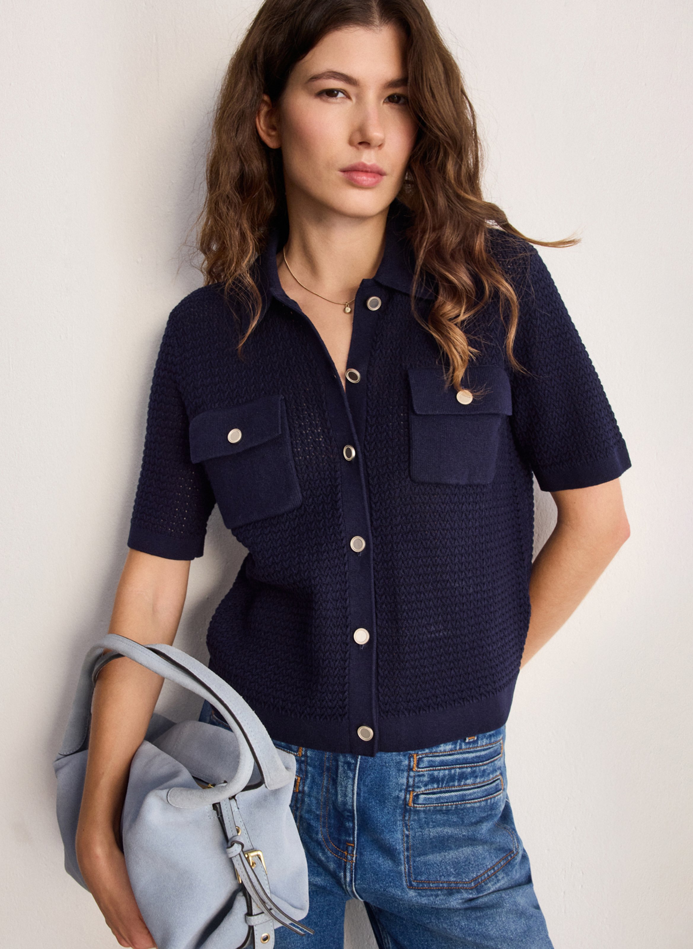 Gilet droit col classique en lin et coton mélangé PABLO Bleu