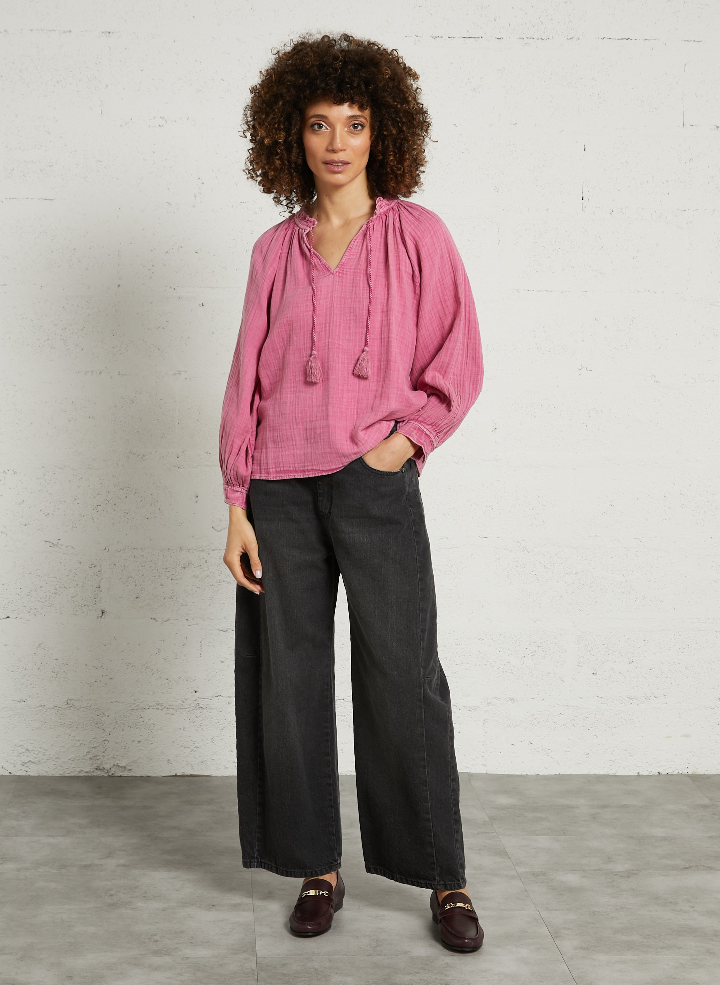 Blouse col V en coton LA PETITE ETOILE Rose