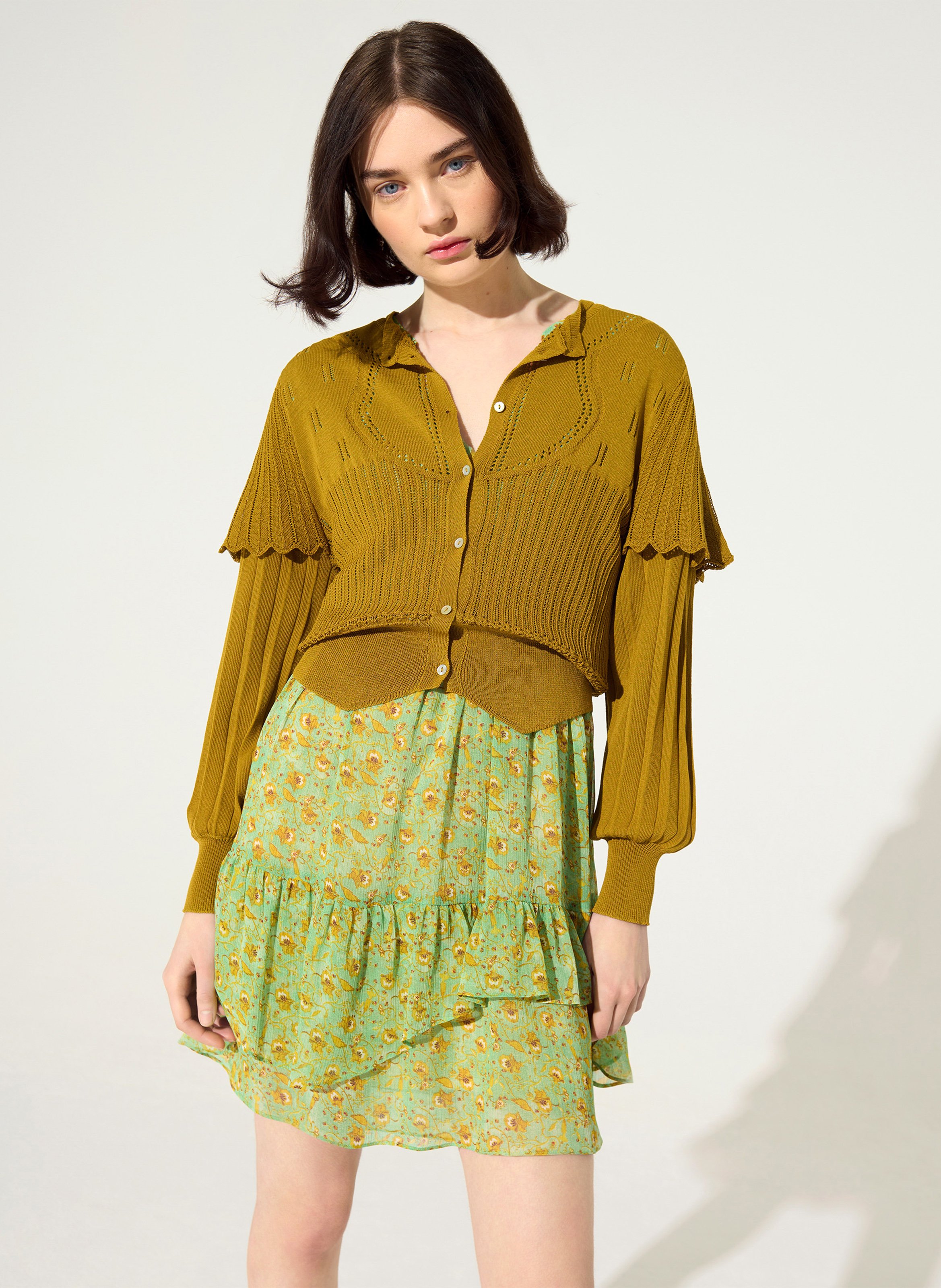 Gerade geschnittener Cardigan mit Rundhalskragen Baumwoll-Mix COTELAC Gelb