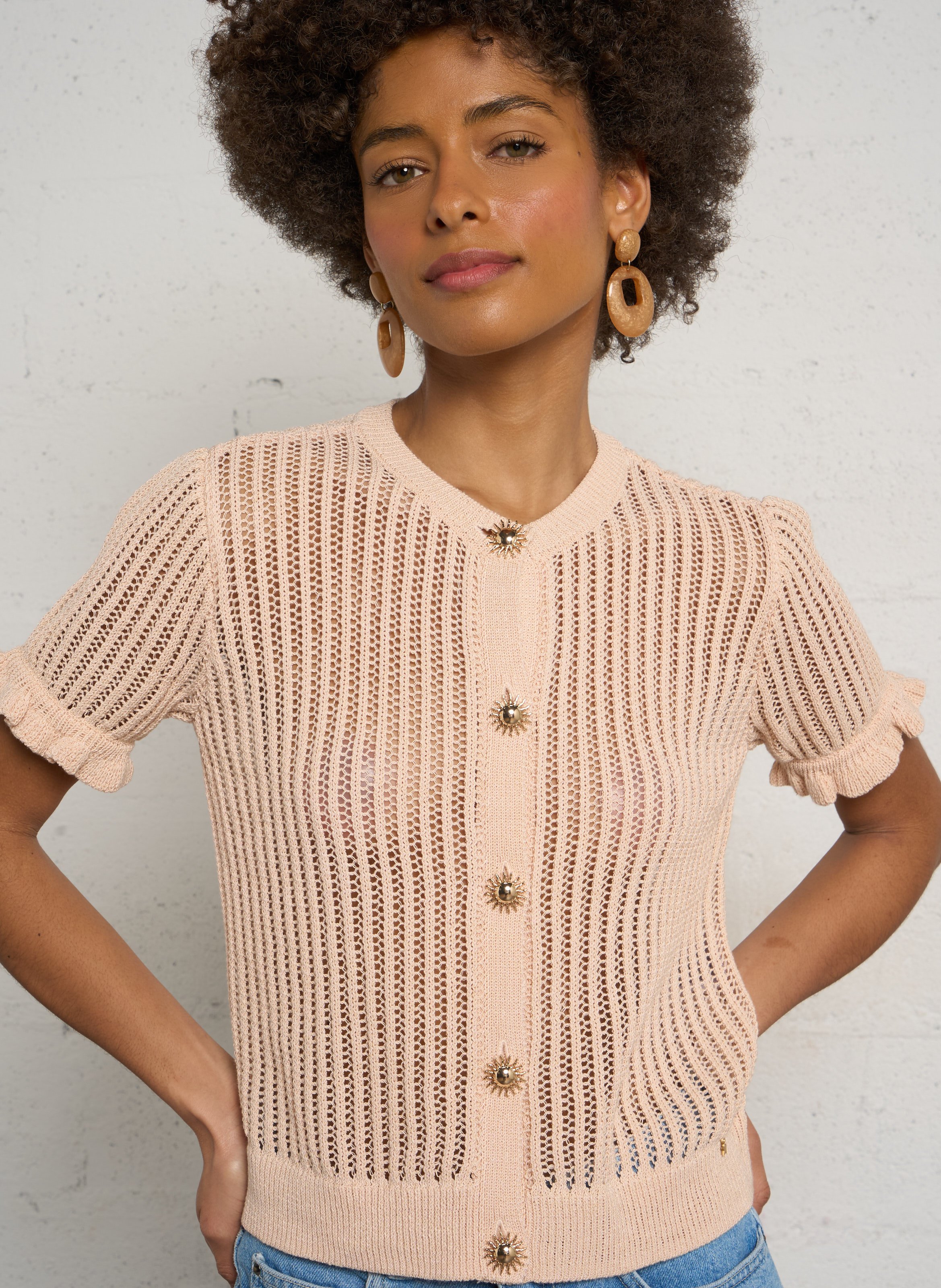 Gerade geschnittene Strickjacke mit Rundhalsausschnitt aus Baumwollmix DES PETITS HAUTS Orange