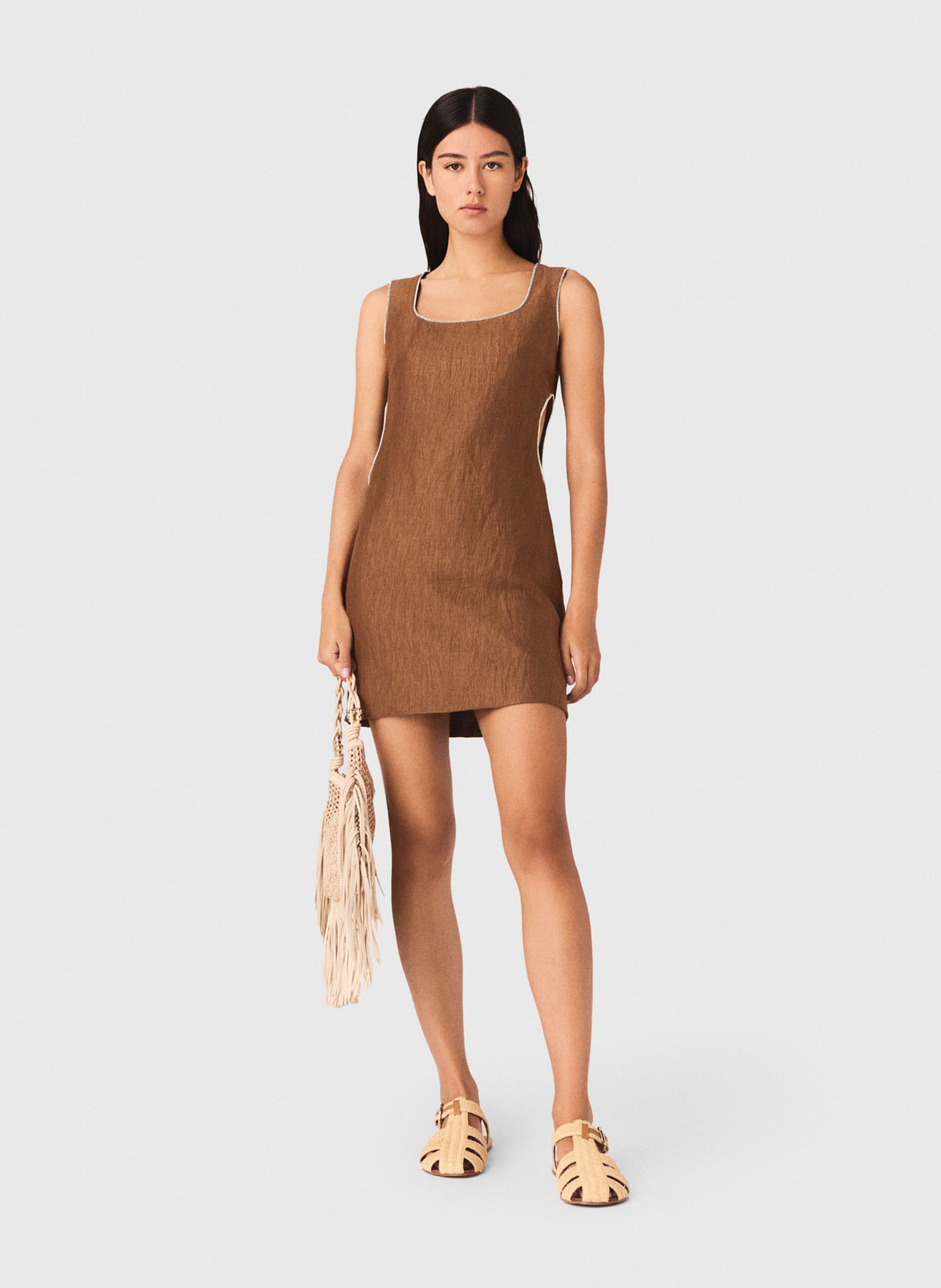 Robe courte à découpes en lin mélangée MAJE Marron