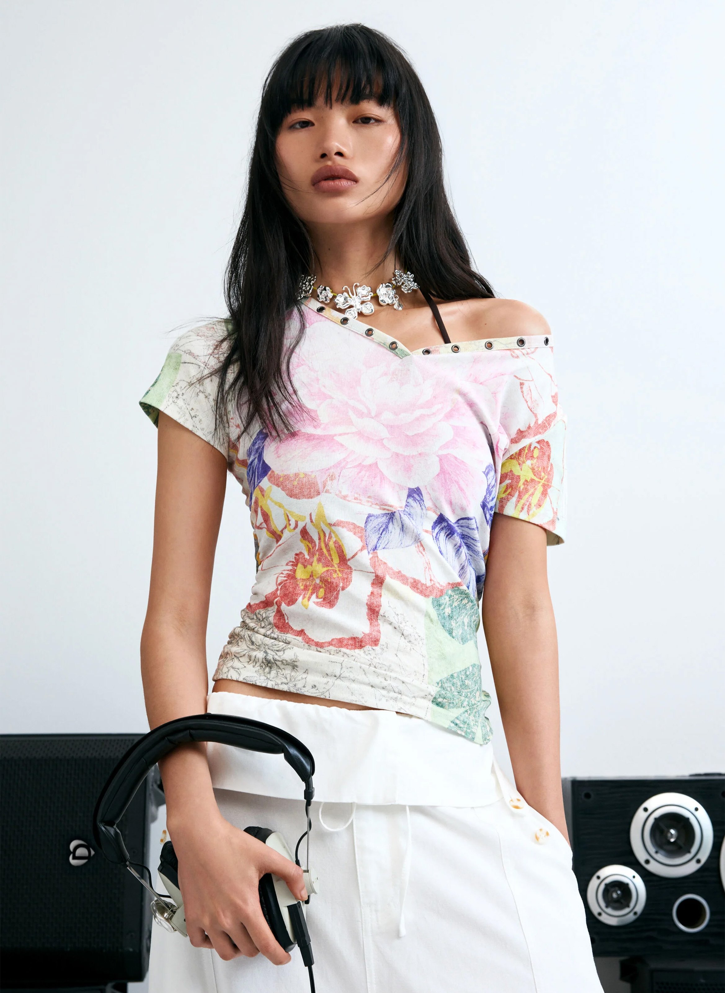 Tee-shirt droit col V en coton mélangé imprimé DESIGUAL Multicolore