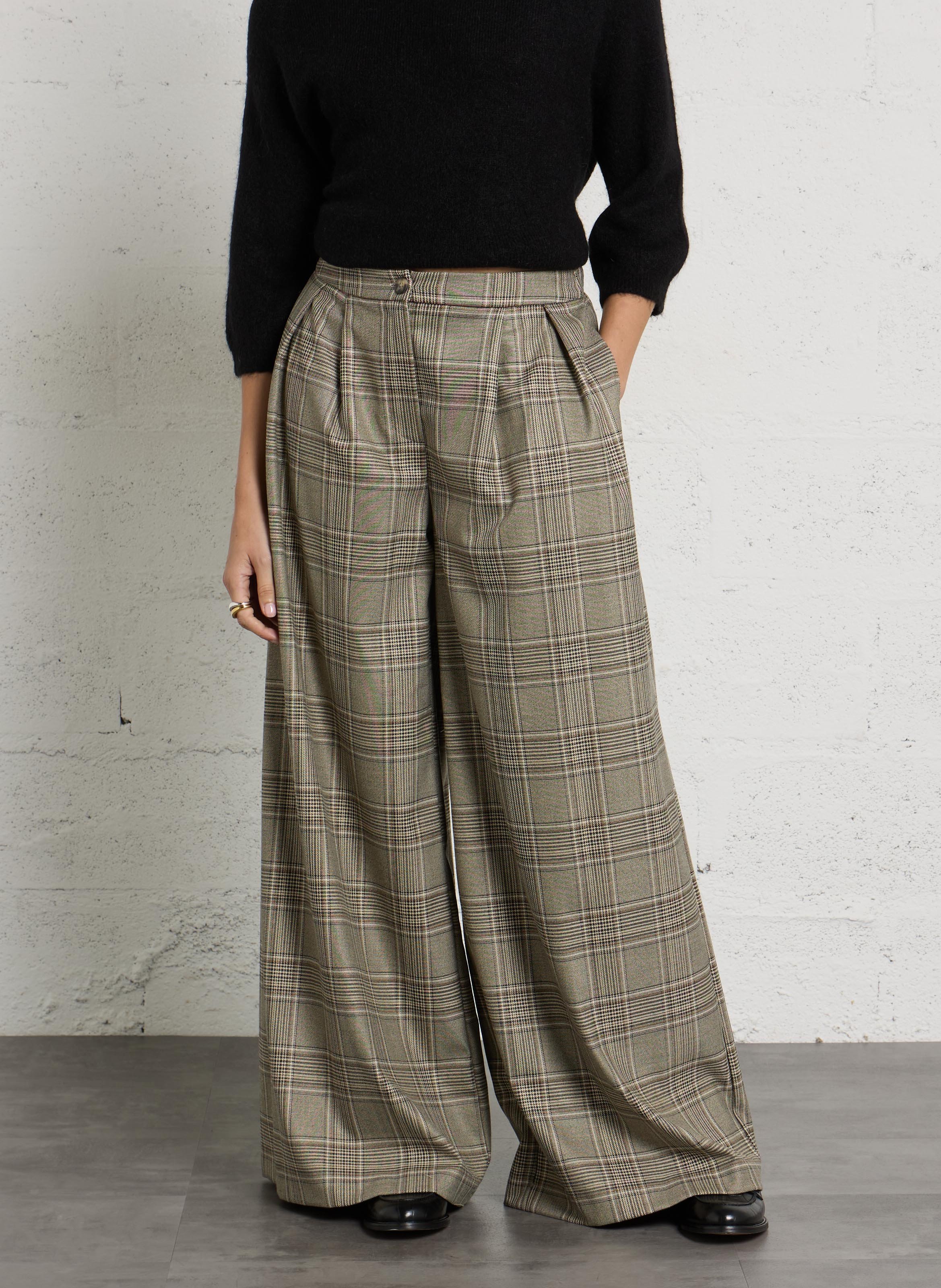 Wide-leg checked pants PLEASE Beige