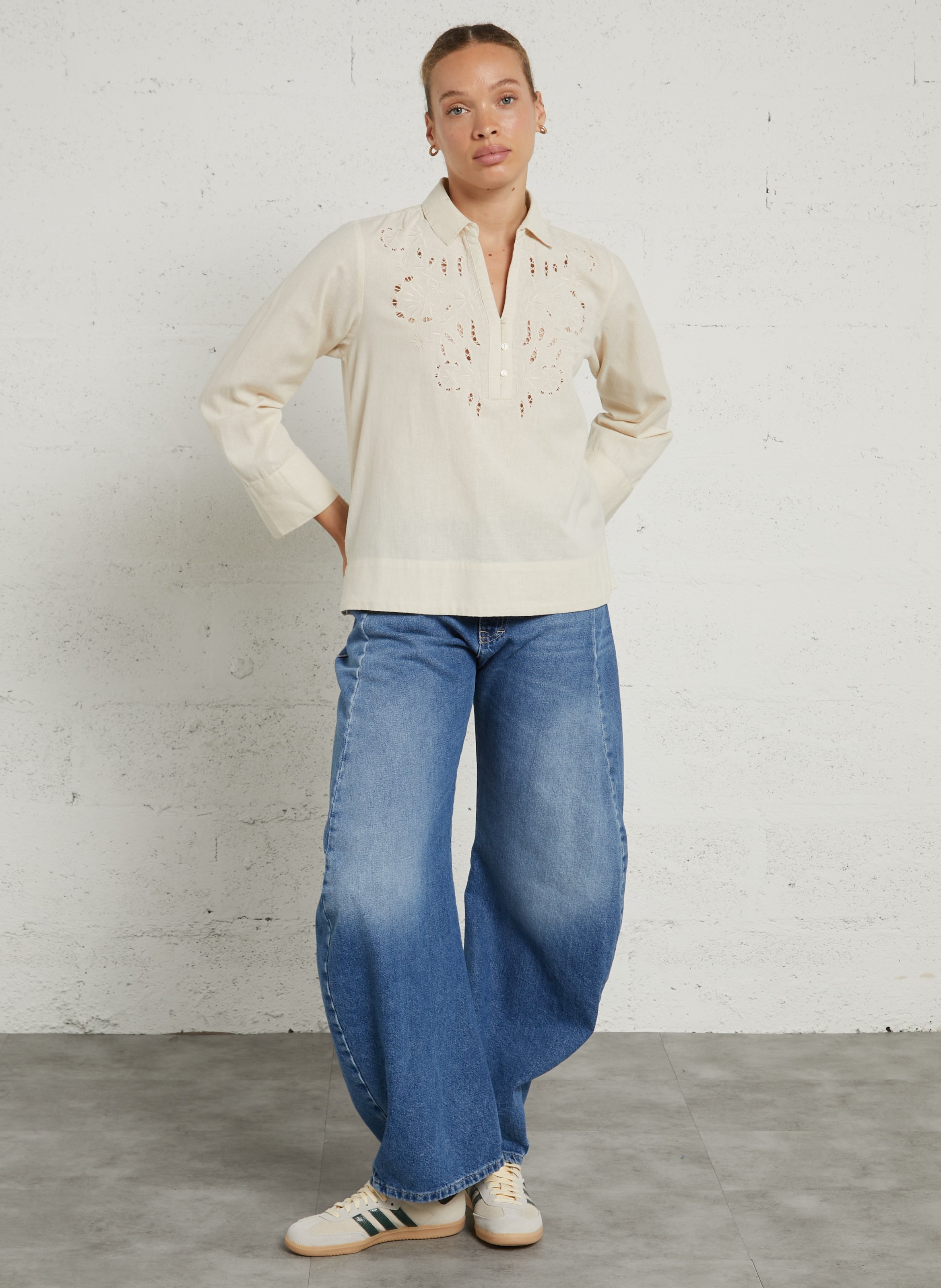 Blouse oversize col tunisien en coton et lin mélangé brodé SUD EXPRESS Beige