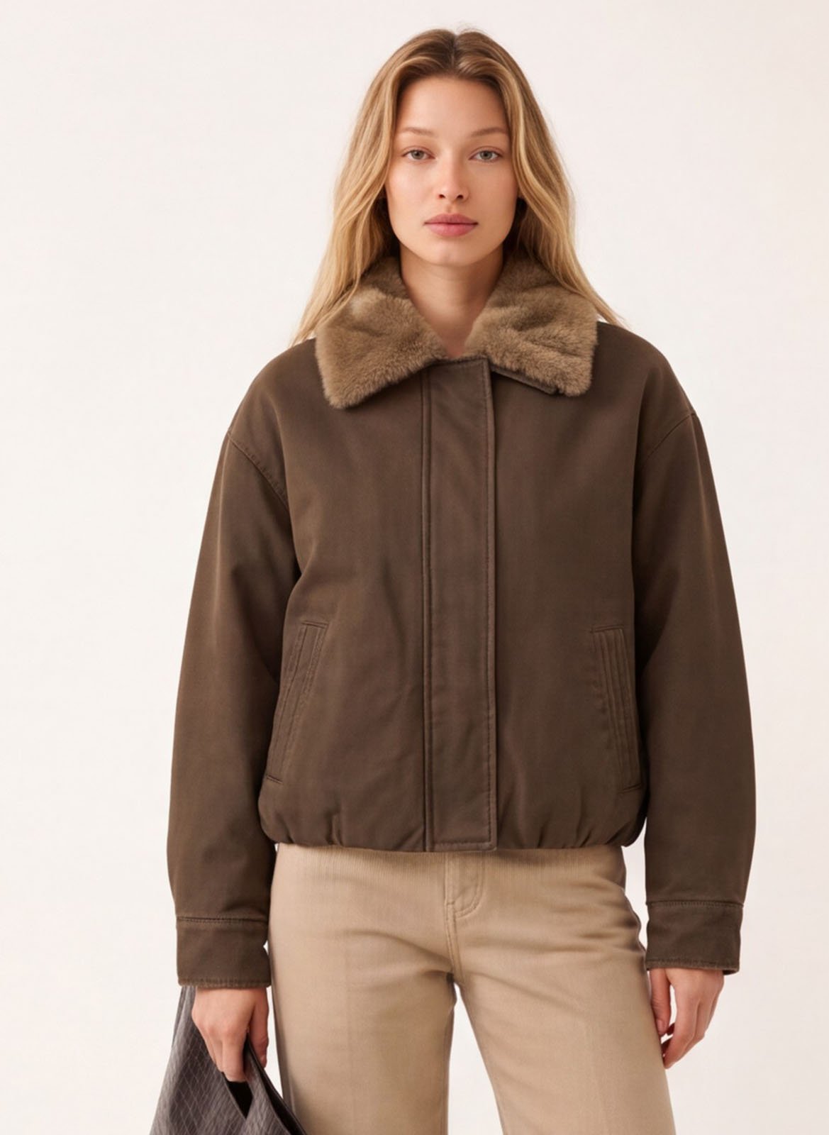 Straight-cut cotton jacket with a faux fur-effect collar KOOKAI Brown