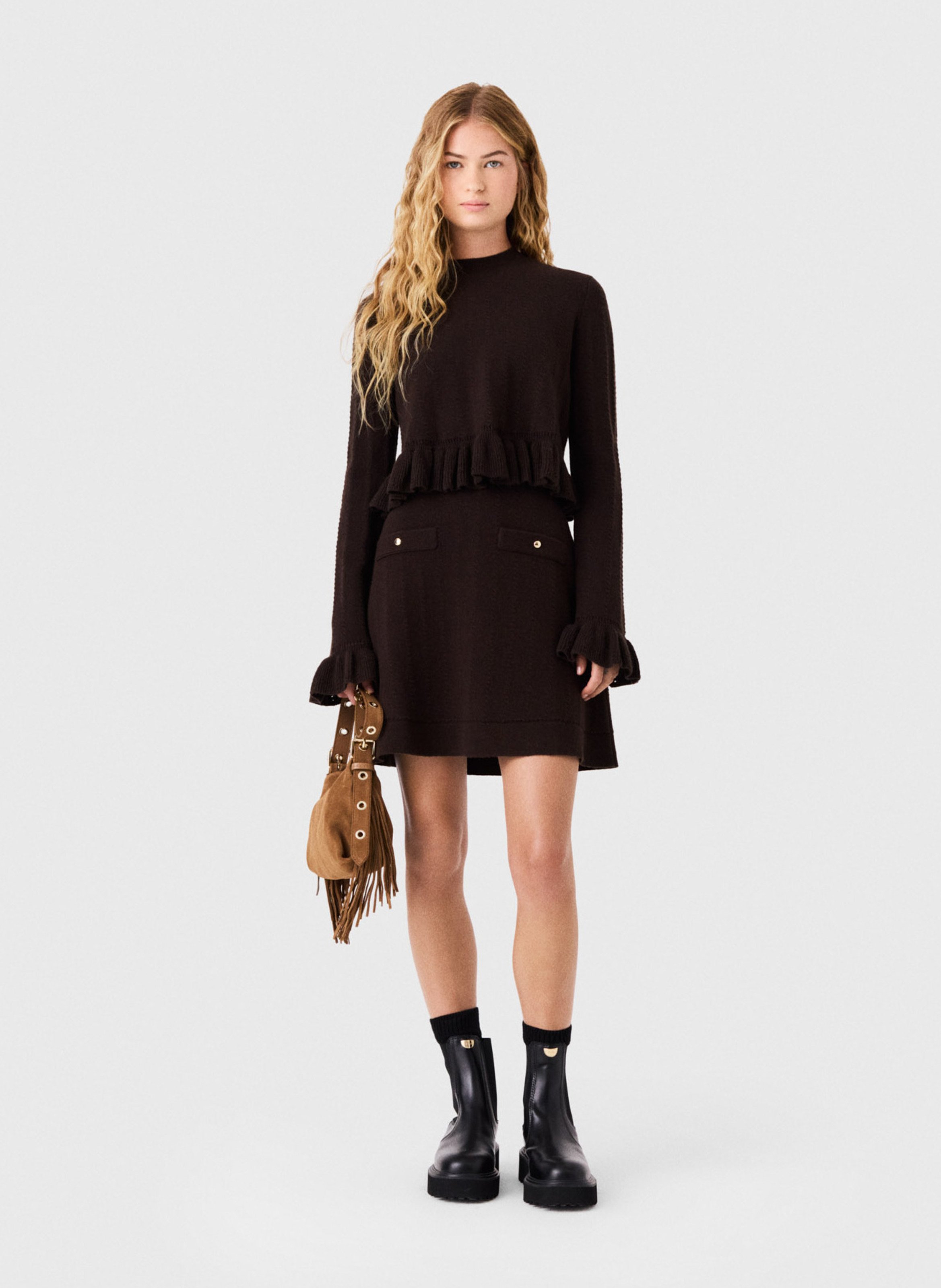 Robe courte en maille évasée MAJE Marron