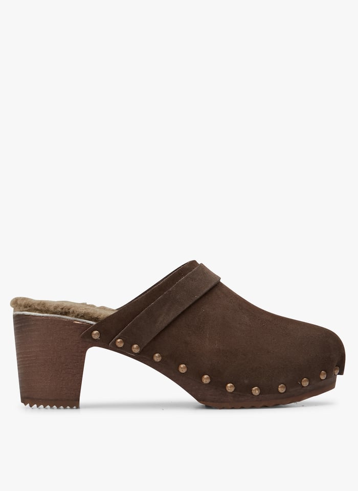 Sabots fourr s talons en cuir velours Marron