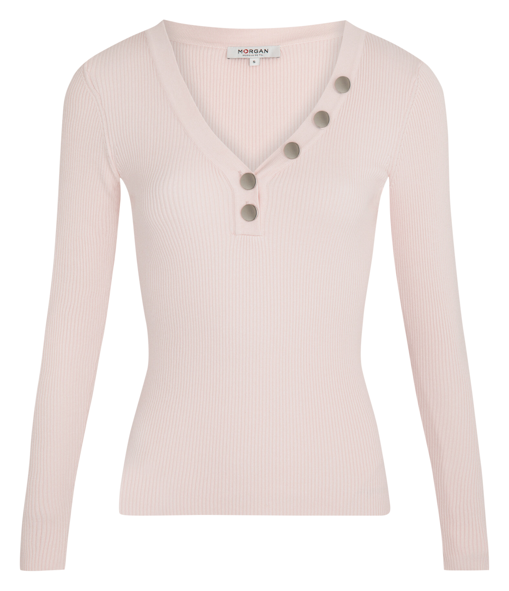 Pull col V boutonné en maille côtelée MORGAN Rose