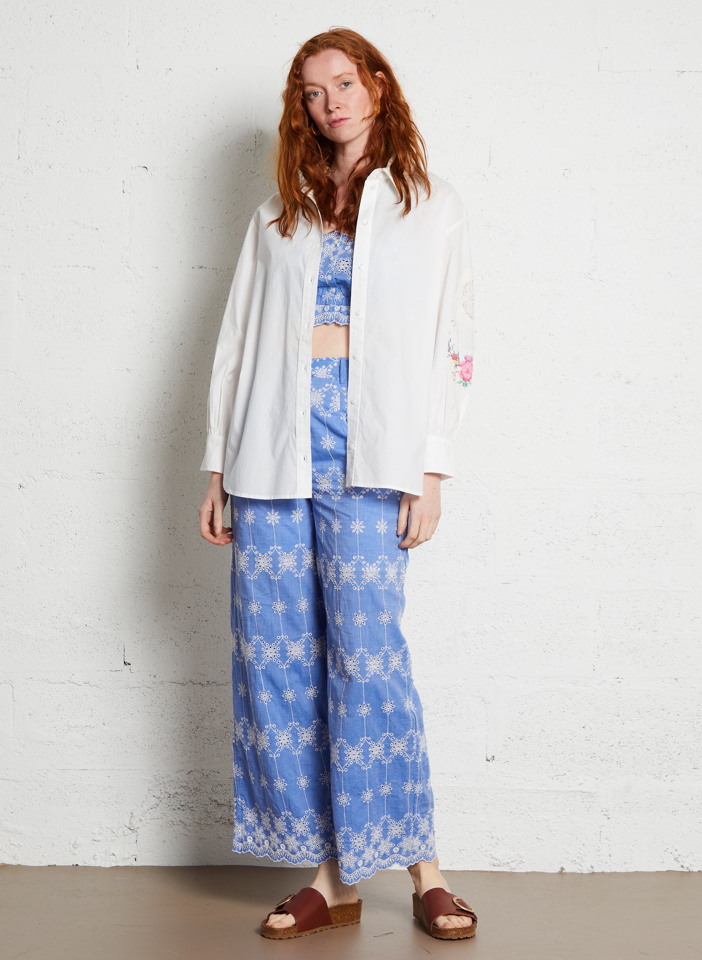 Pantalon large brodé en coton organique  LOUISE MISHA Bleu