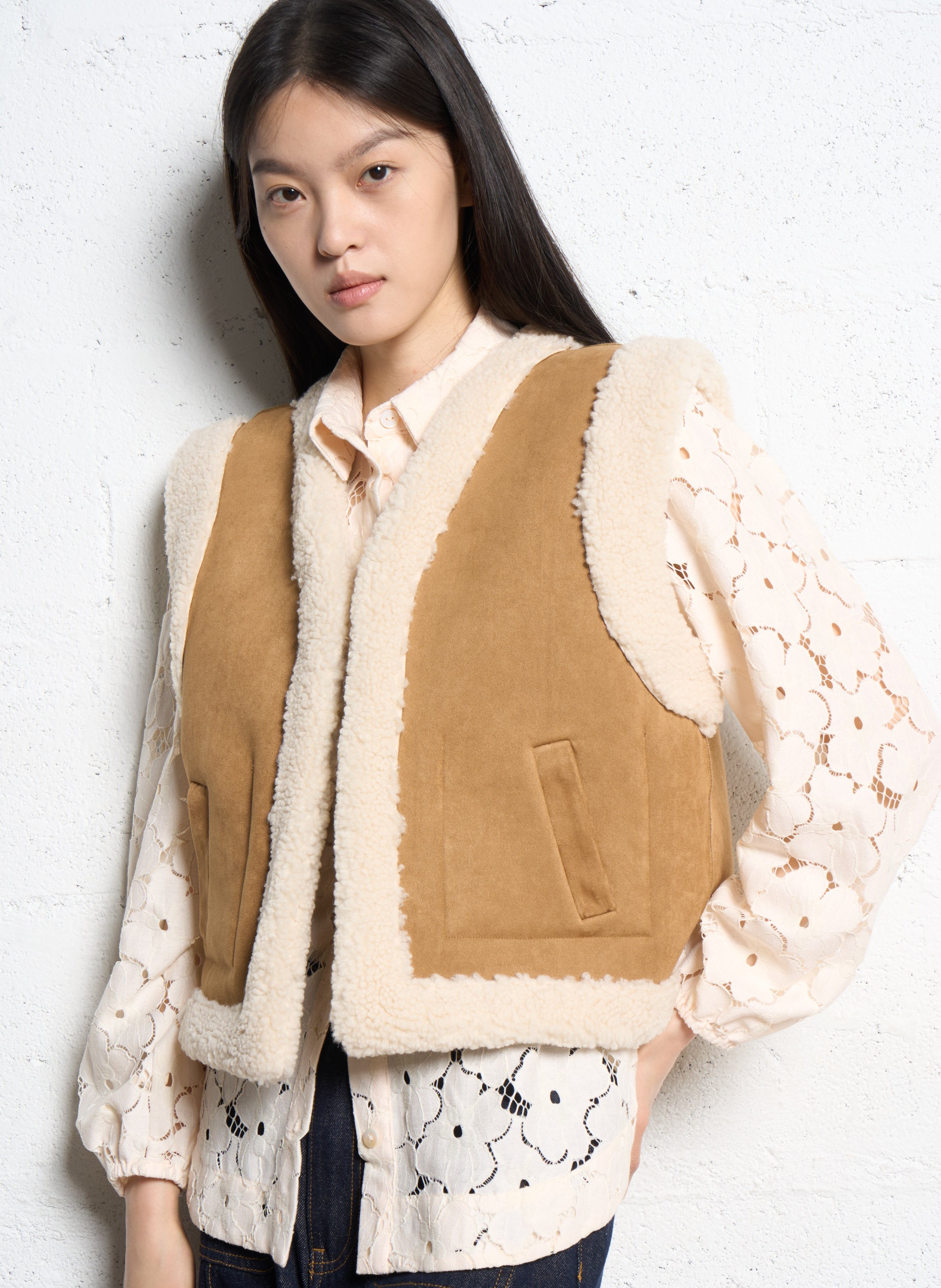 Veste droite en fibres recyclées mélangées SUNCOO Beige