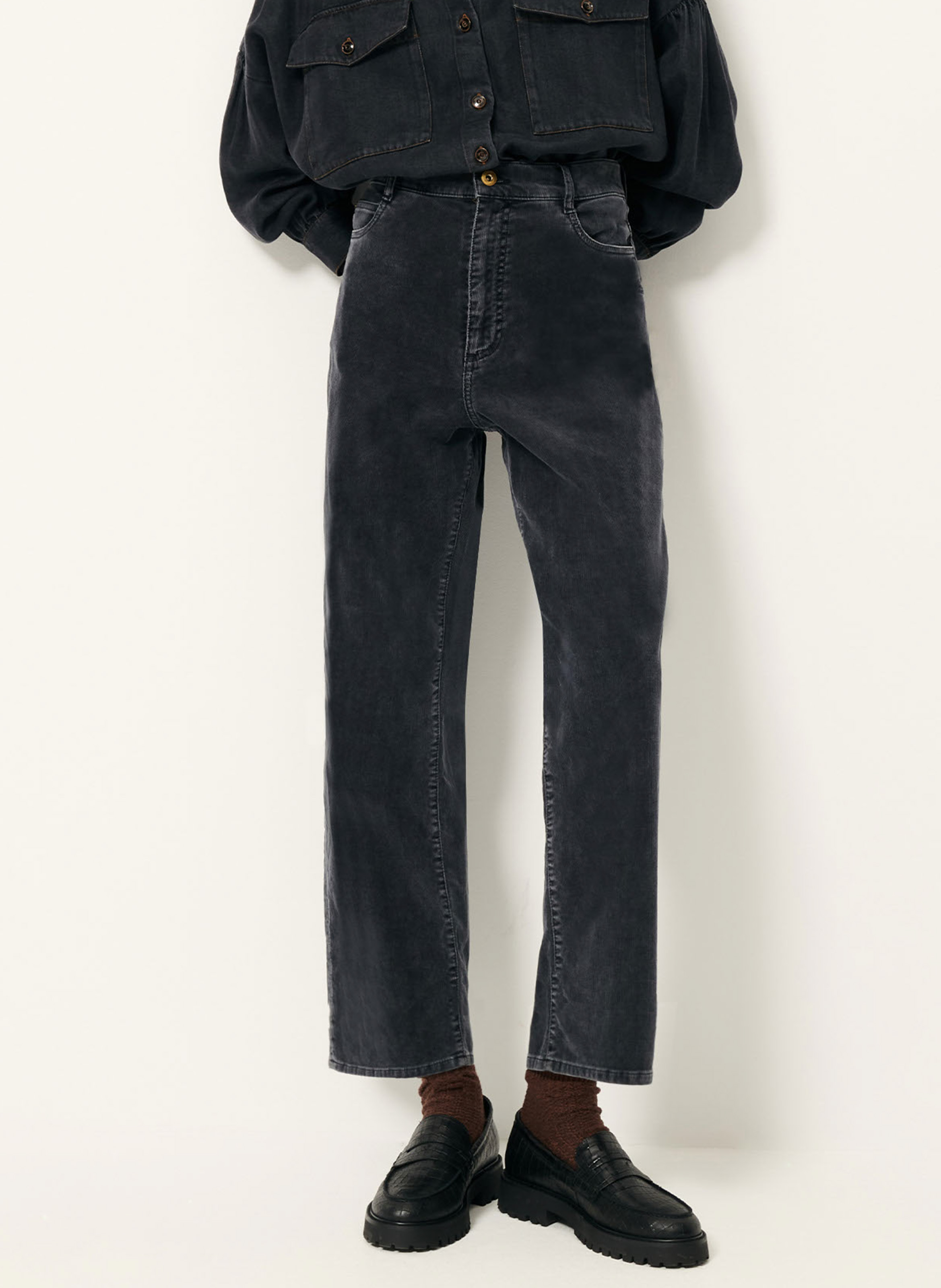 High-waisted straight-leg trousers in blended organic cotton SESSUN Grey