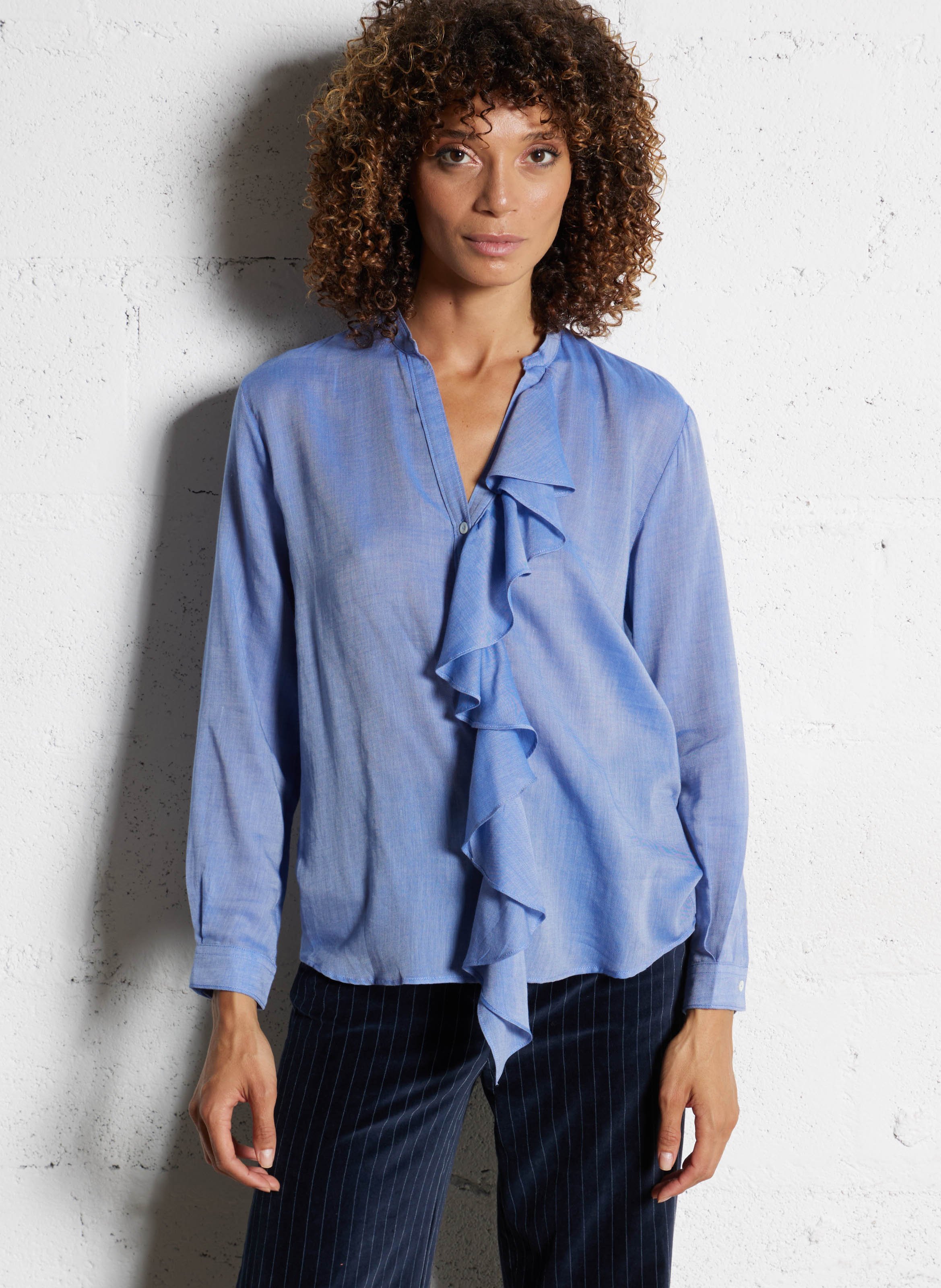 Blouse volantée col tunisien unie DIEGA Bleu