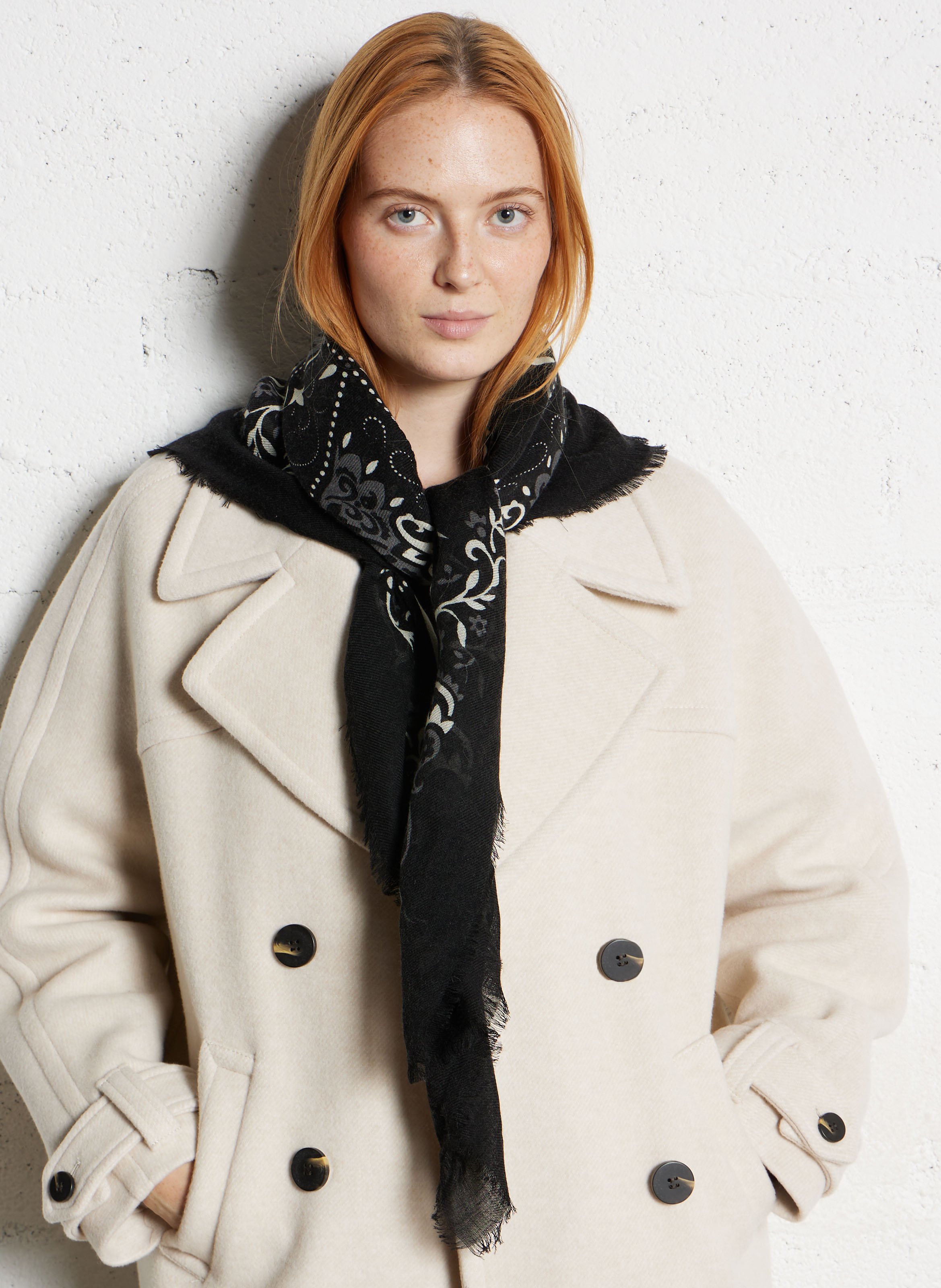 Foulard imprimé en laine et soie MAISON LECOMTE FLAMENT Noir