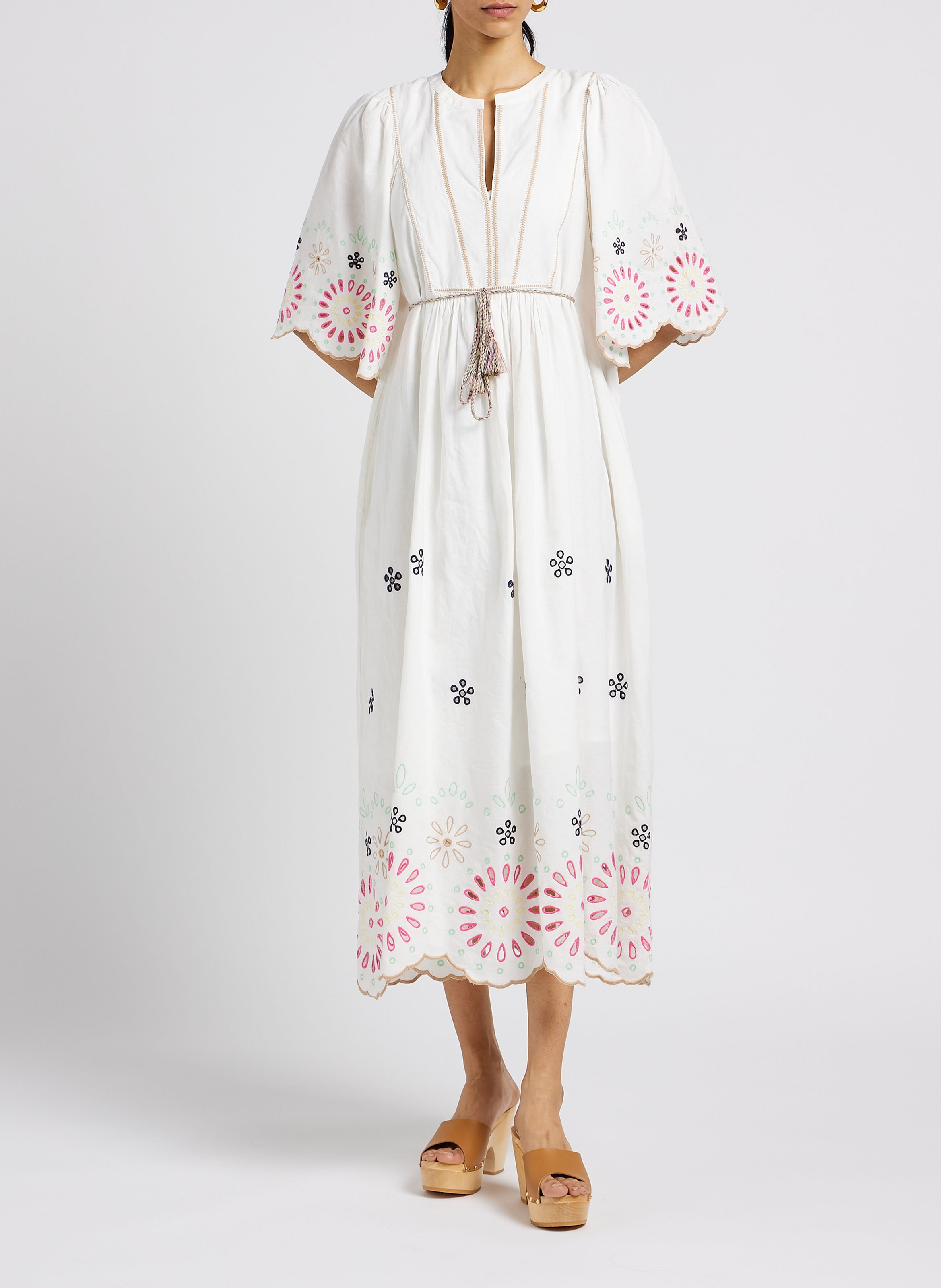 Kleid aus Baumwolle und Leinen mit farbiger Ajour-Stickerei SCOTCH AND SODA Beige