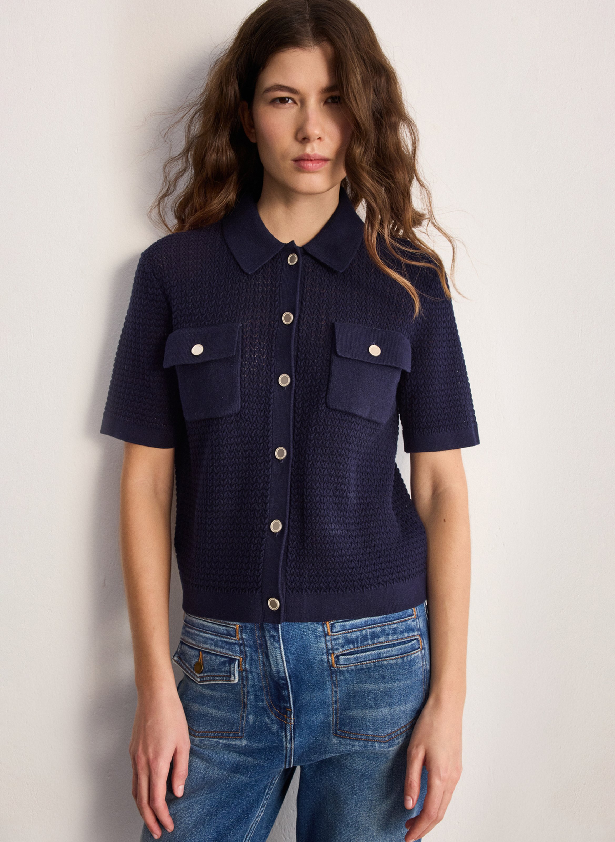 Gilet droit col classique en lin et coton mélangé PABLO Bleu