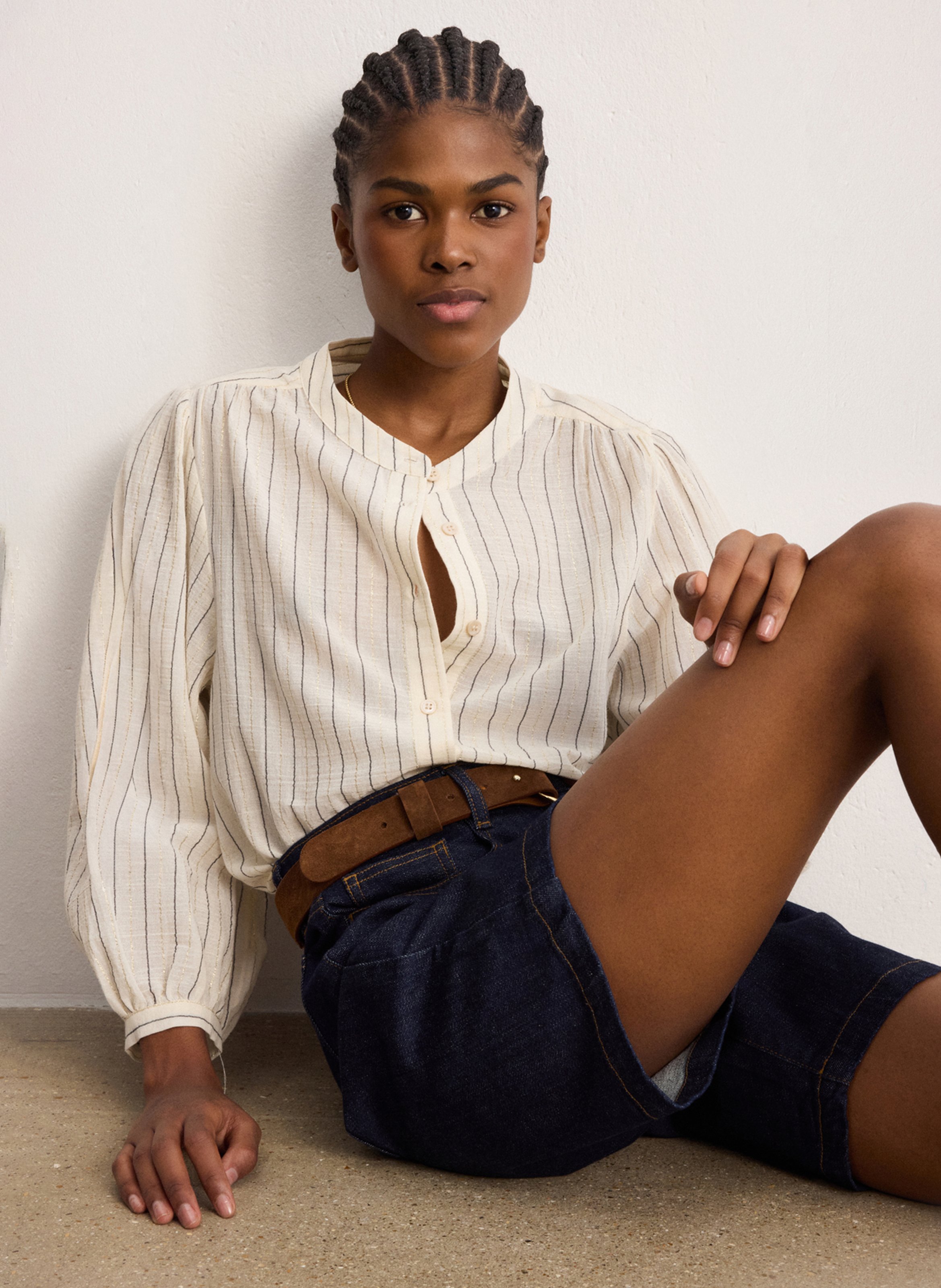 Cotton-blend straight-cut shirt with mandarin collar PABLO Beige