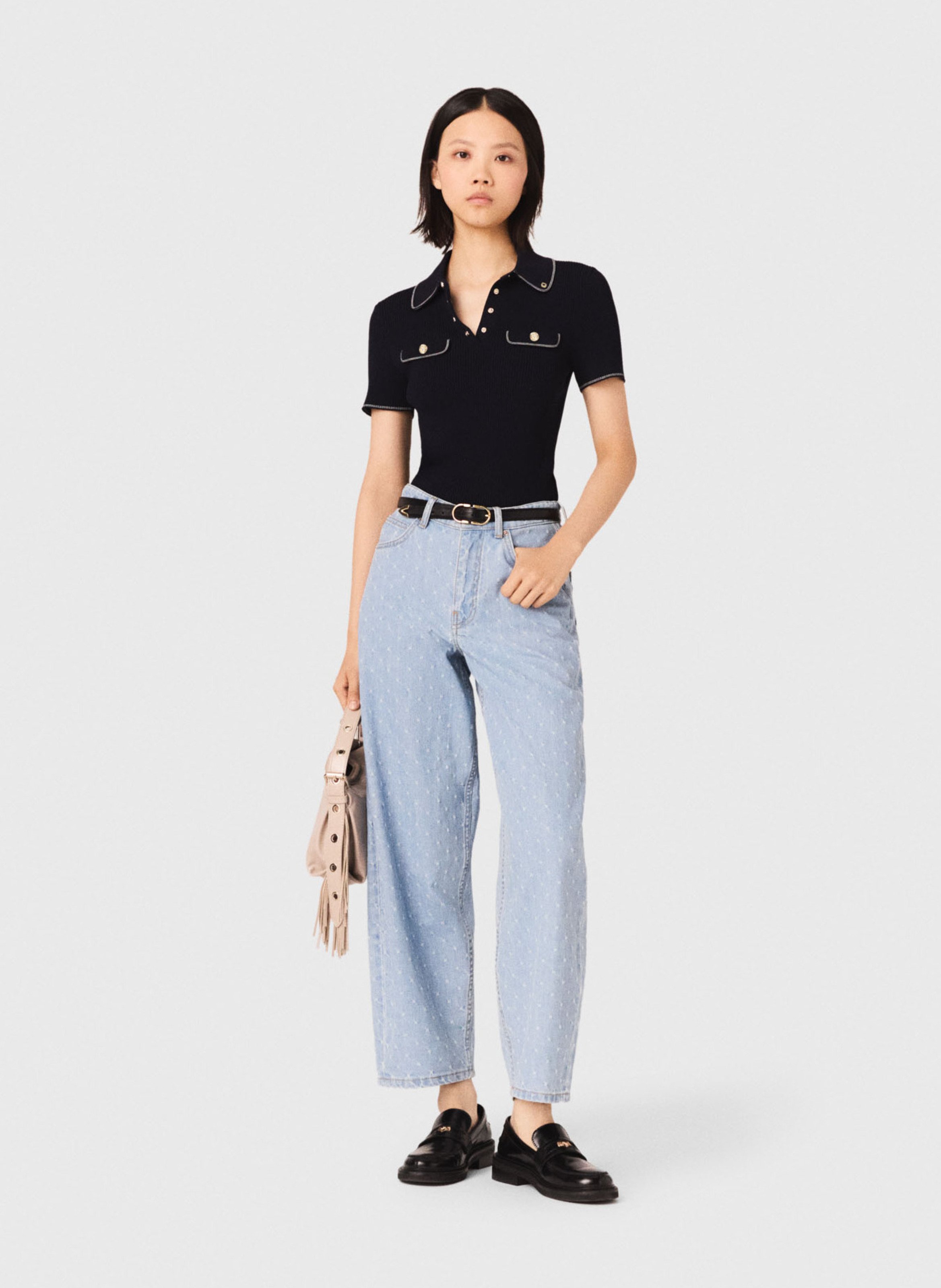 Pull ajusté col polo MAJE Bleu