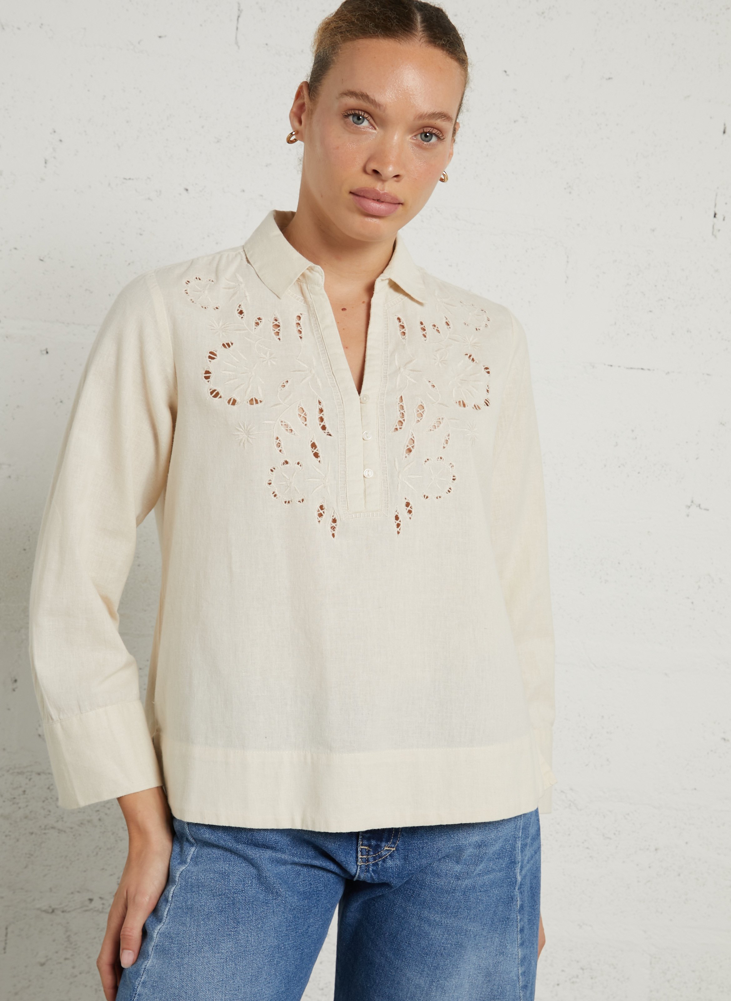 Blouse oversize col tunisien en coton et lin mélangé brodé SUD EXPRESS Beige