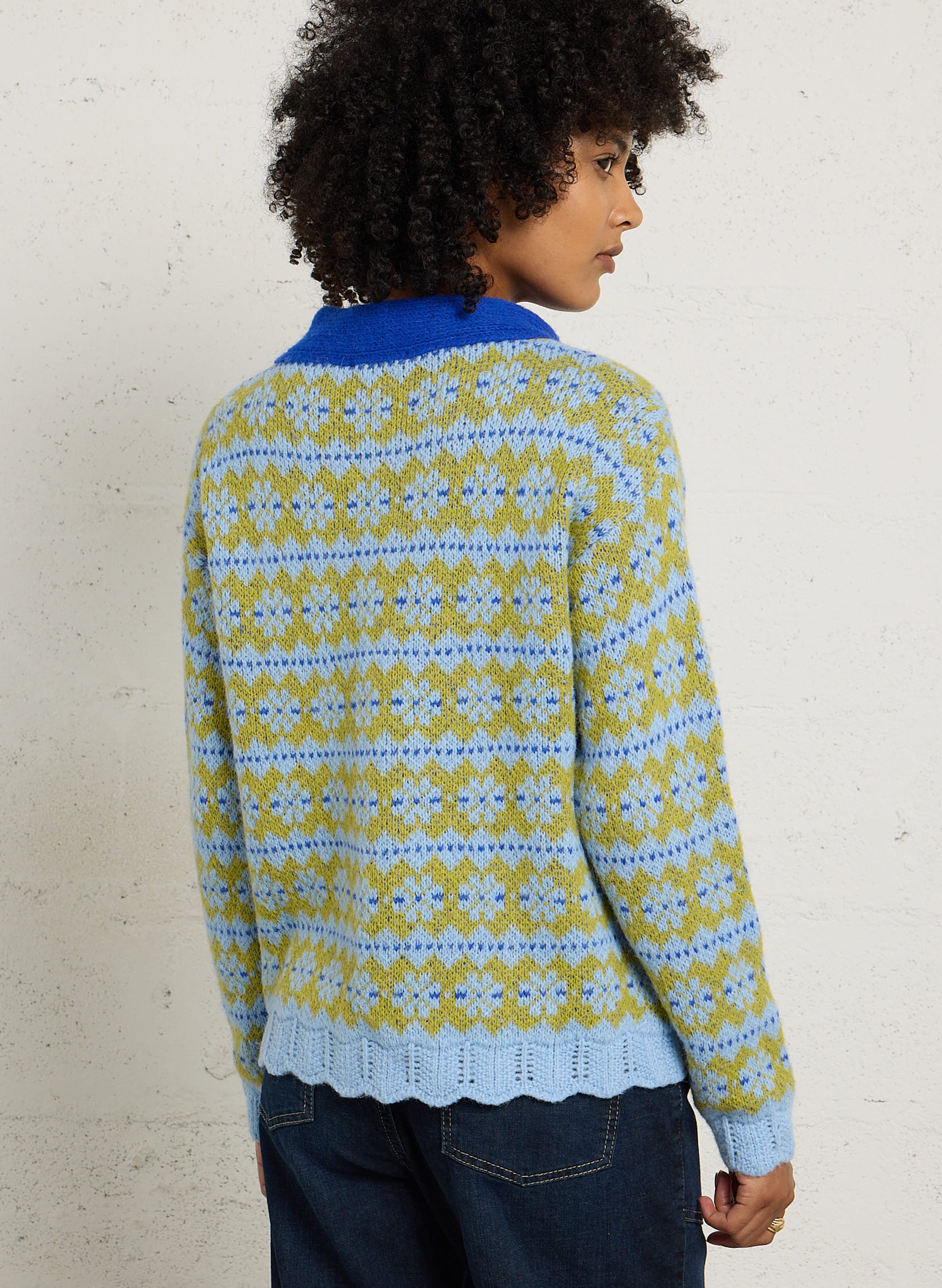 Pull droit col lavallière en maille imprimée DR BLOOM Bleu