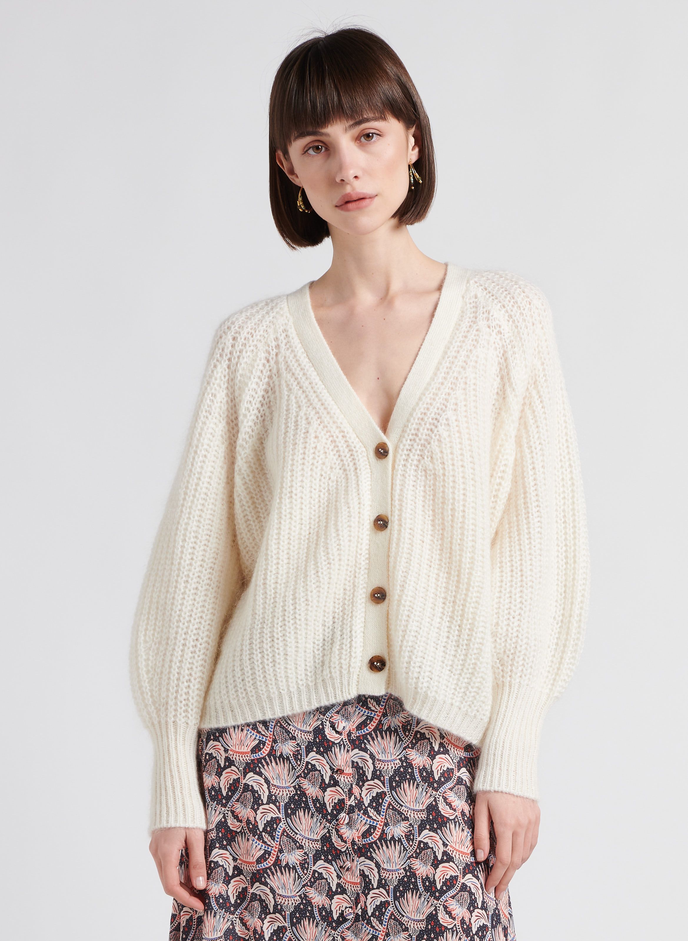 Beige Loose fit wool blend V neck cardigan