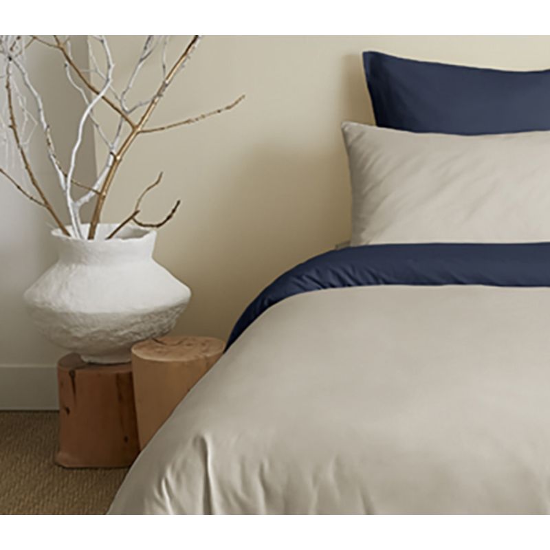 Complete set 6 pieces linen/navy reversible duvet cover for 140 x 190 cm bed COTON PUR Beige
