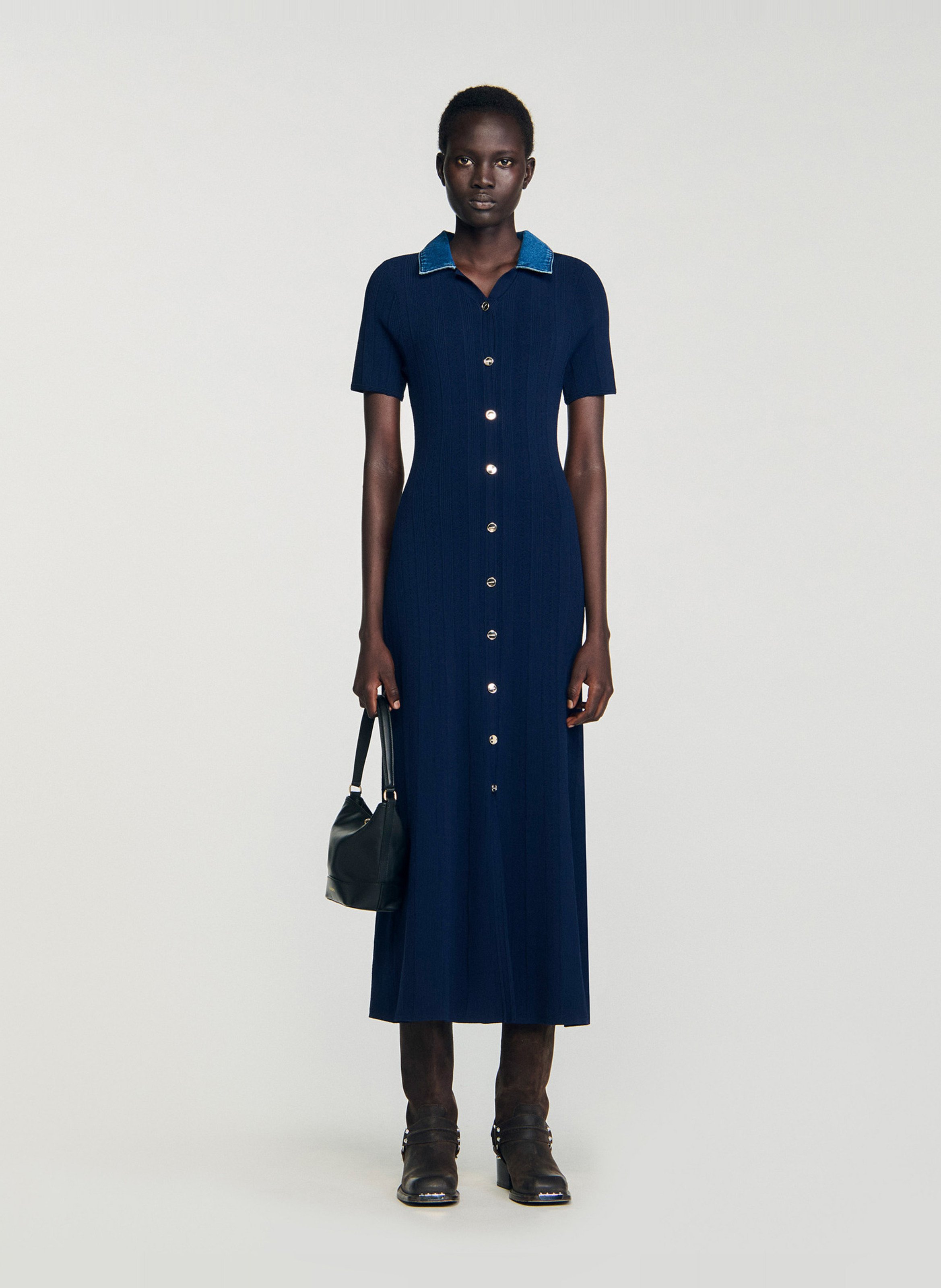 Robe longue ajustée col classique SANDRO Bleu