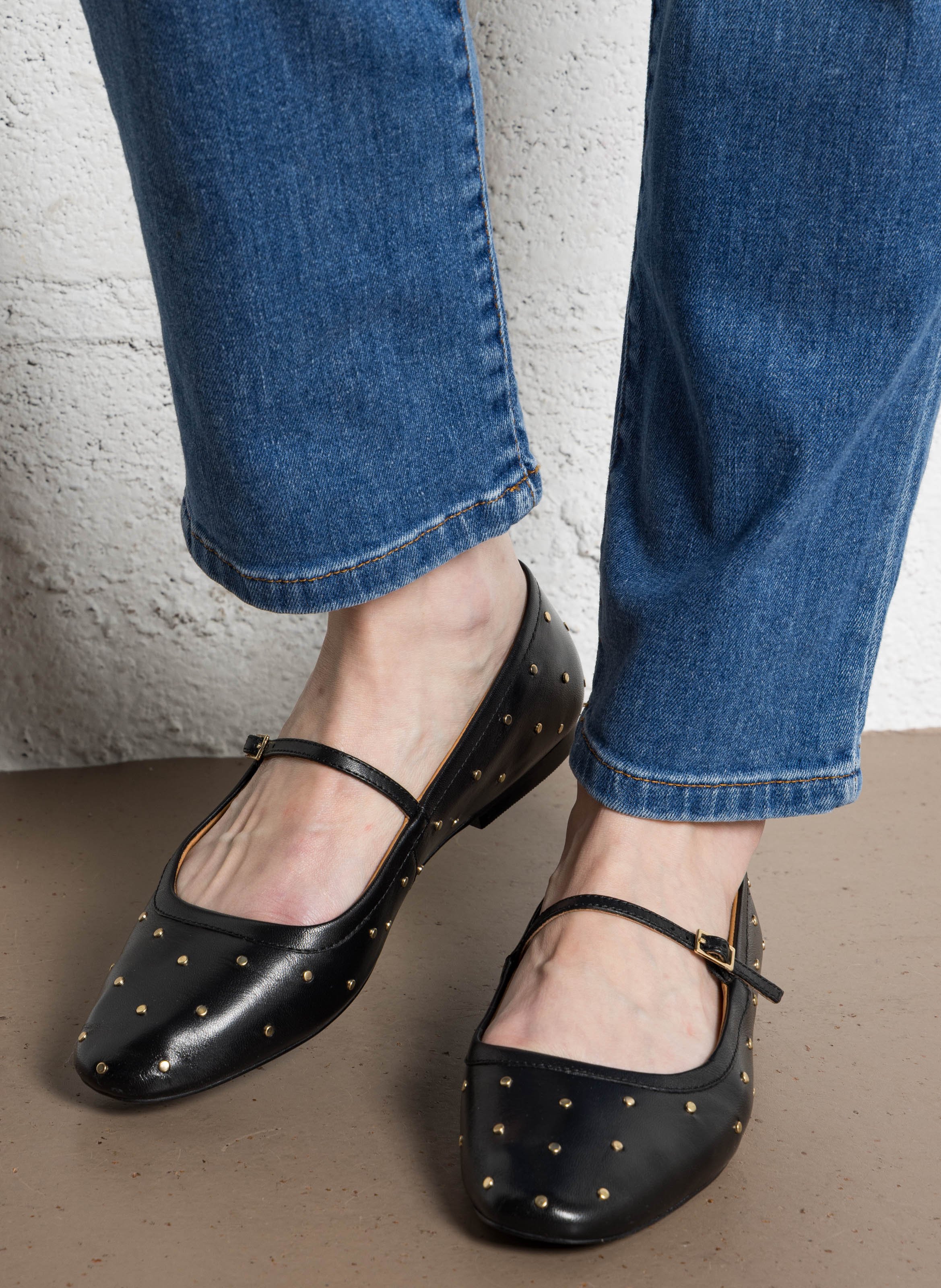 Studded leather strappy ballet flats BOCAGE Black