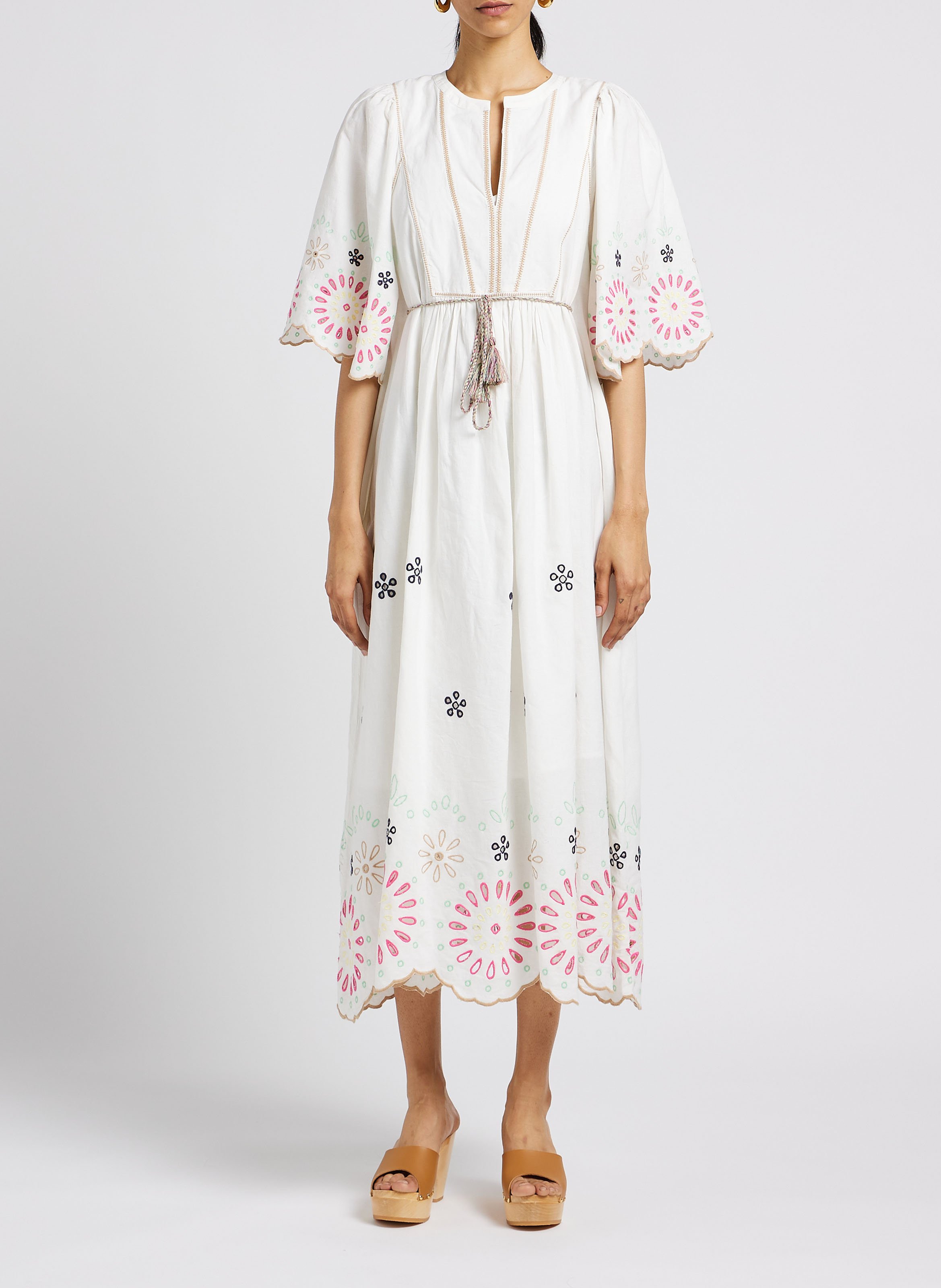 Kleid aus Baumwolle und Leinen mit farbiger Ajour-Stickerei SCOTCH AND SODA Beige