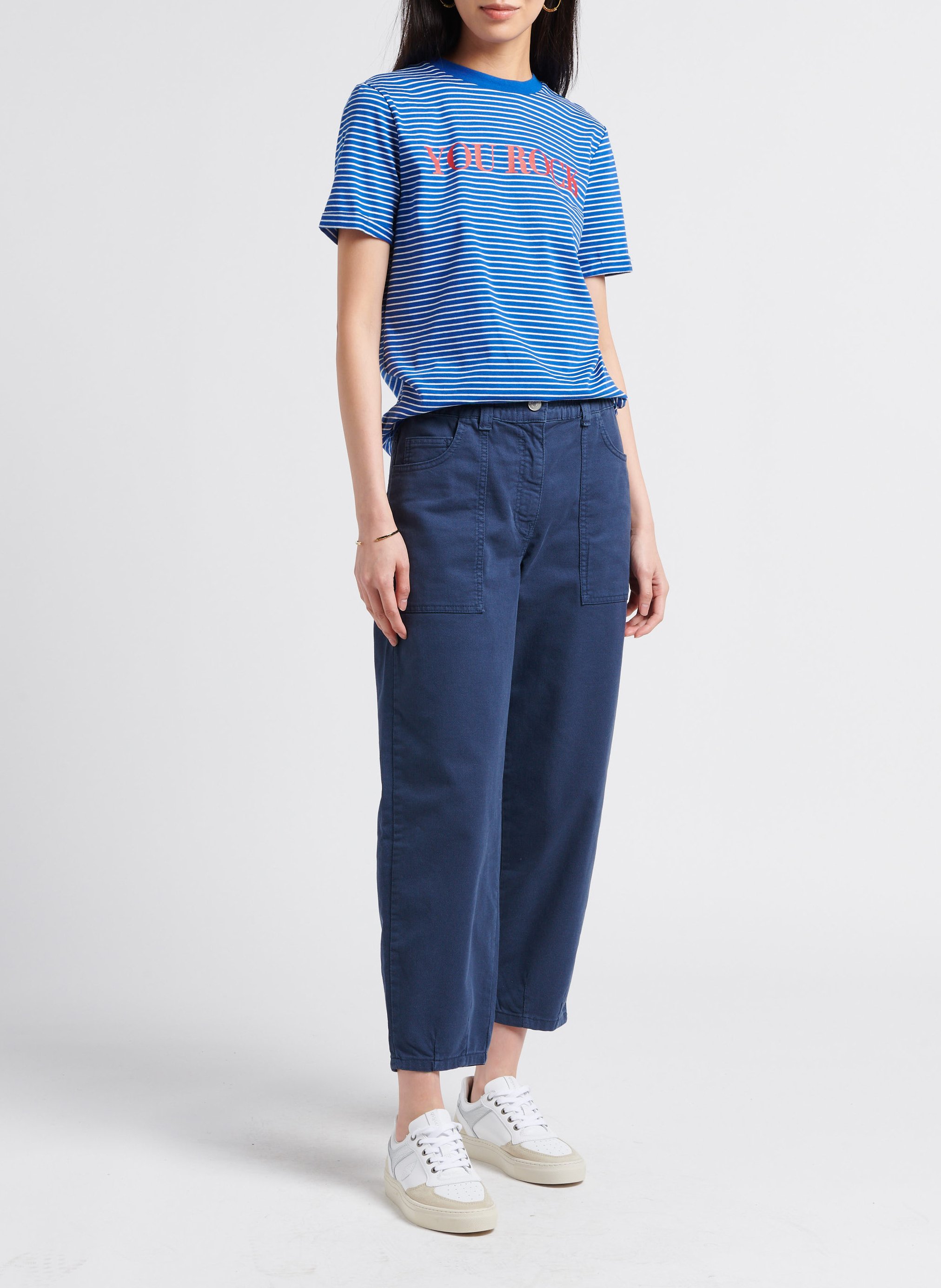 Gestreiftes Baumwoll-T-Shirt mit Siebdruck PIECES Blau