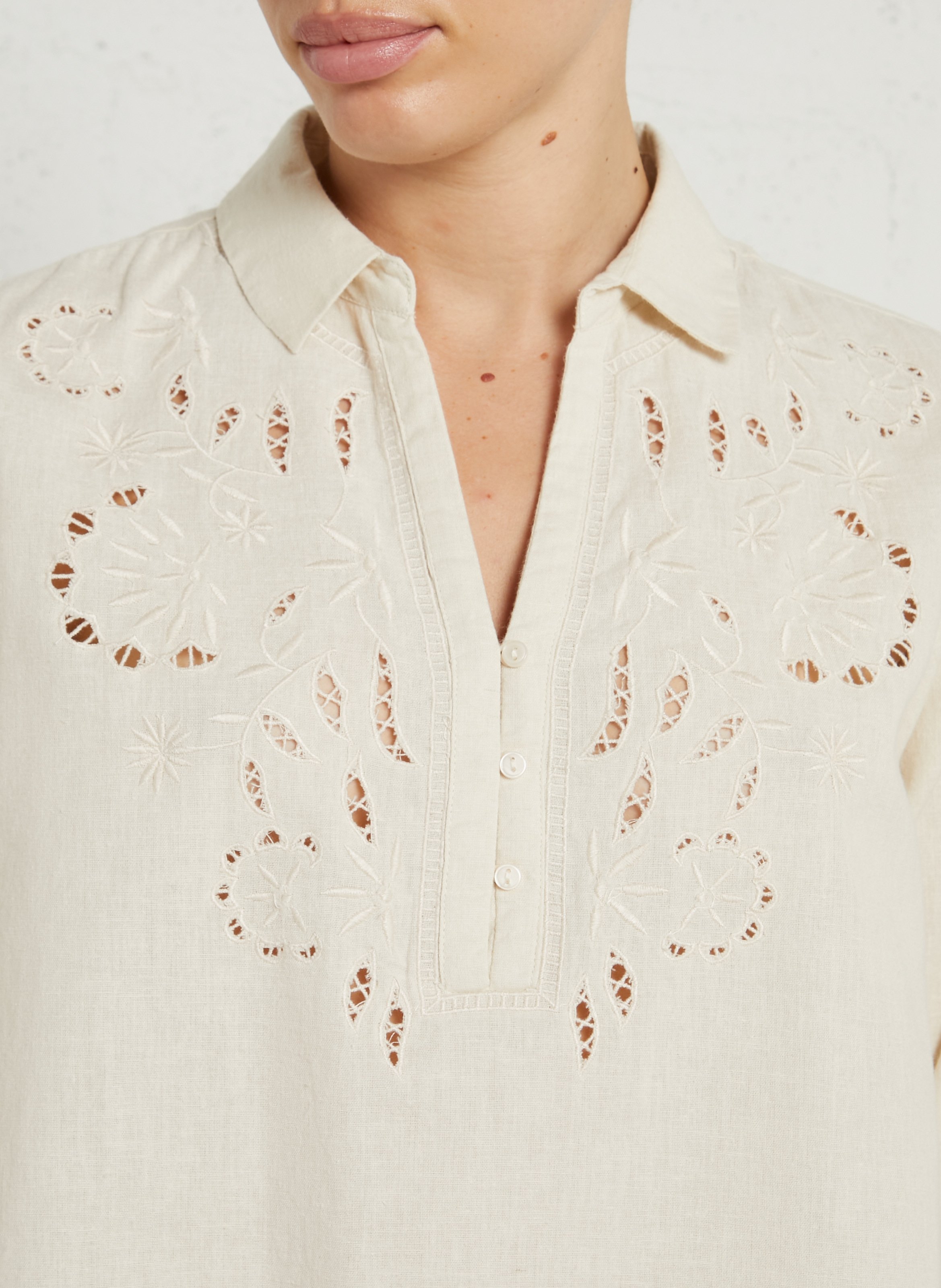 Blouse oversize col tunisien en coton et lin mélangé brodé SUD EXPRESS Beige