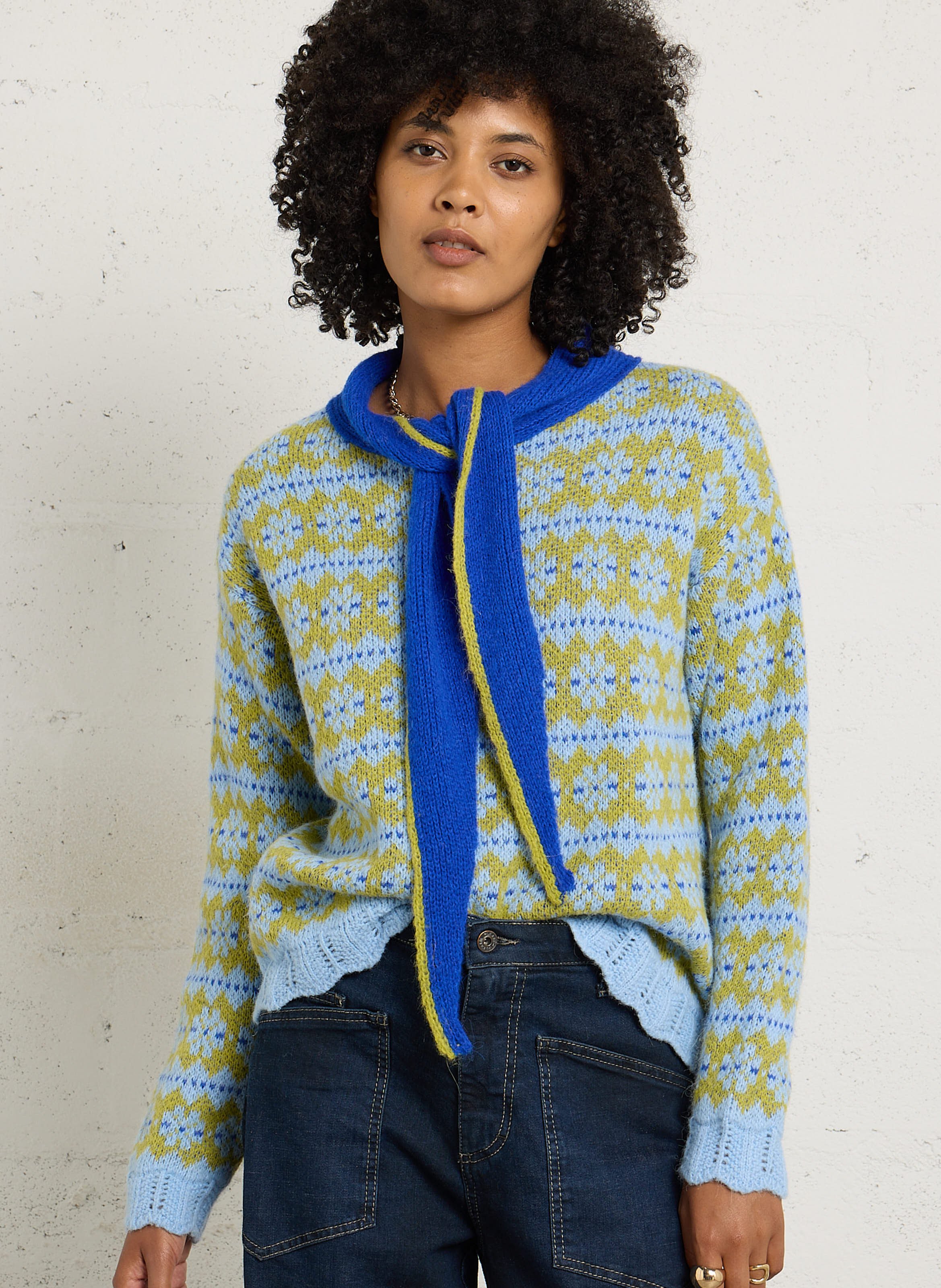 Pull droit col lavallière en maille imprimée DR BLOOM Bleu