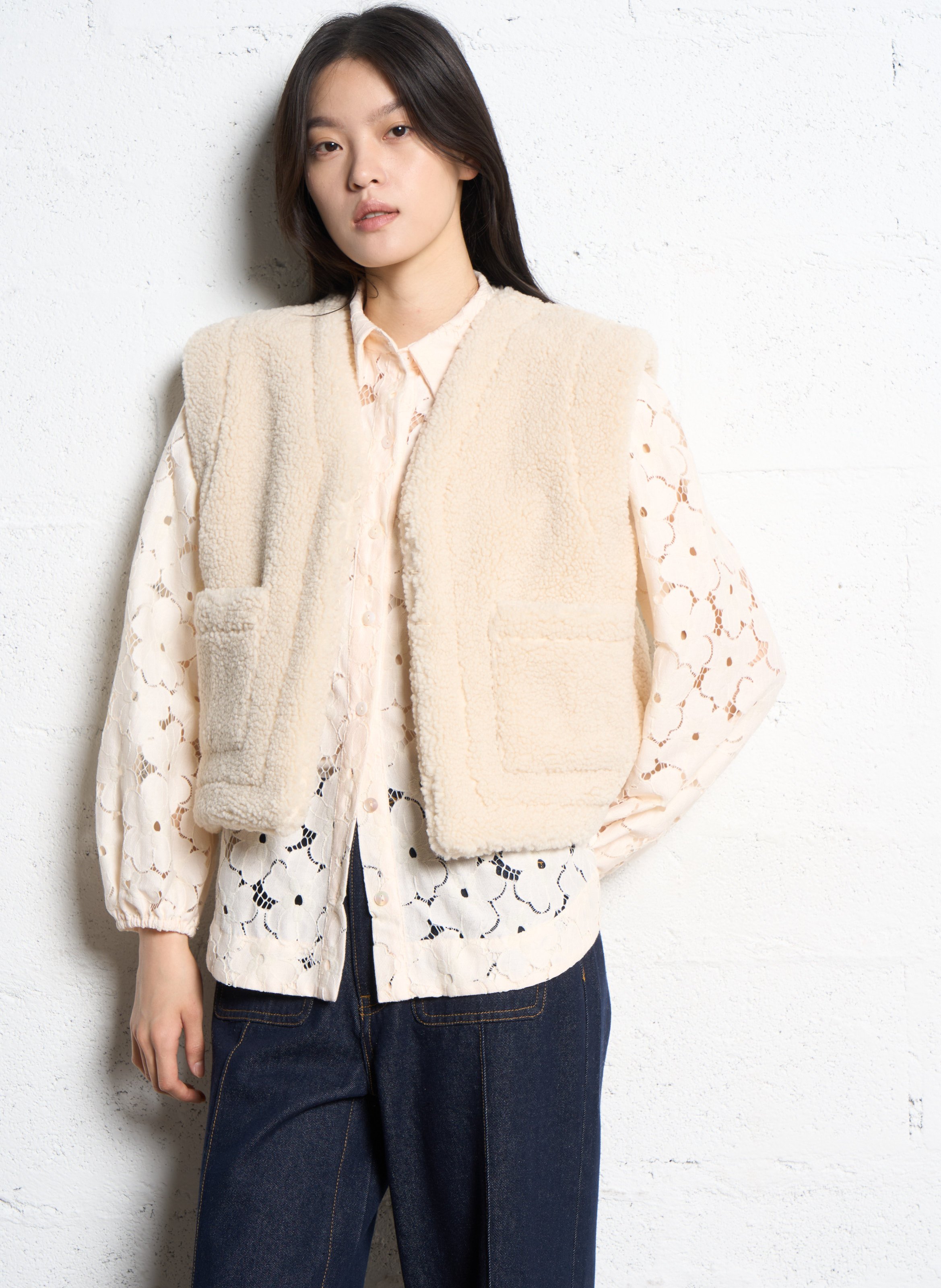 Veste droite en fibres recyclées mélangées SUNCOO Beige